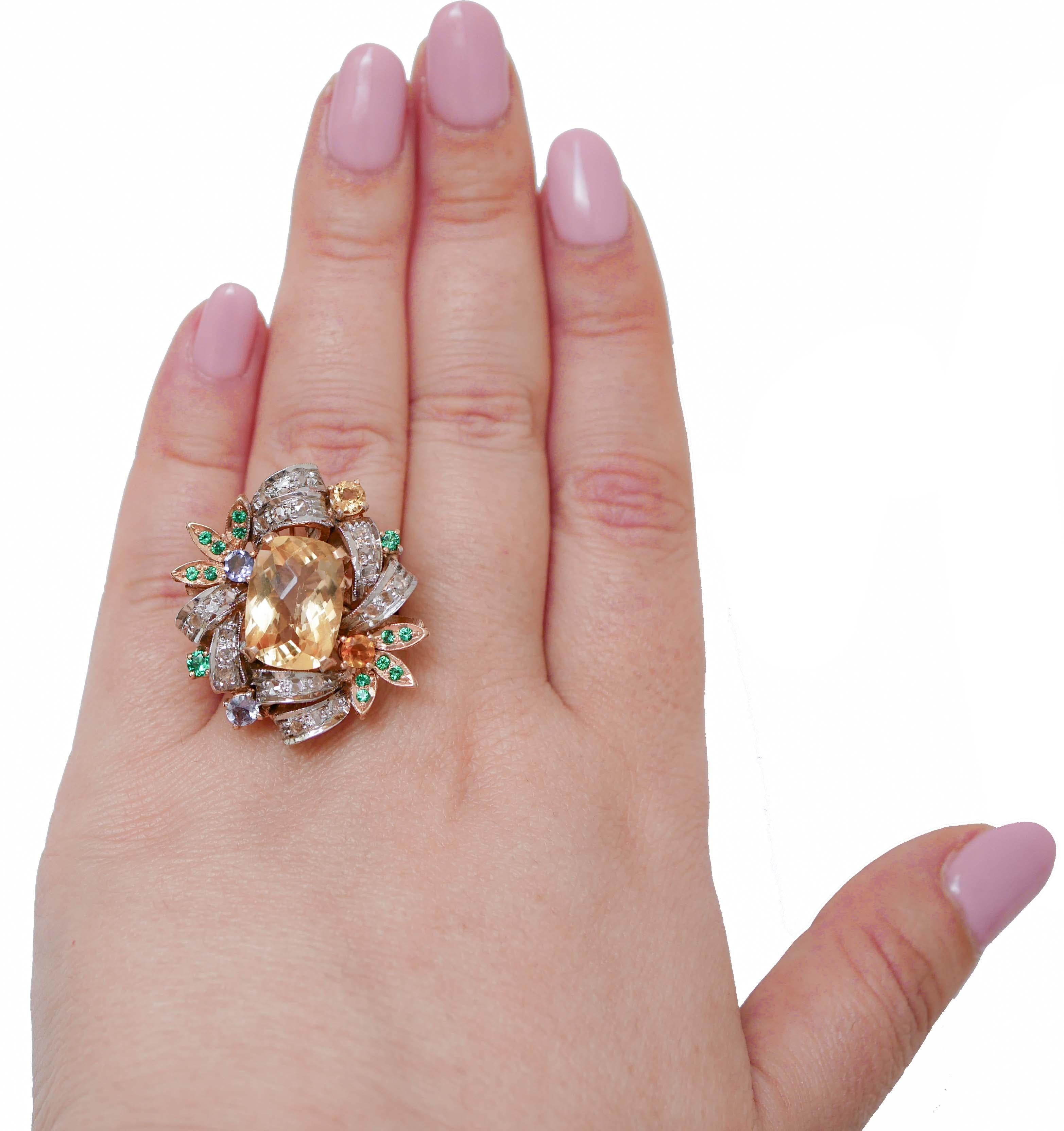 Mixed Cut Topazs, Tanzanite, Stones, Diamonds, 14 Karat Rose Gold and Silver Ring. For Sale