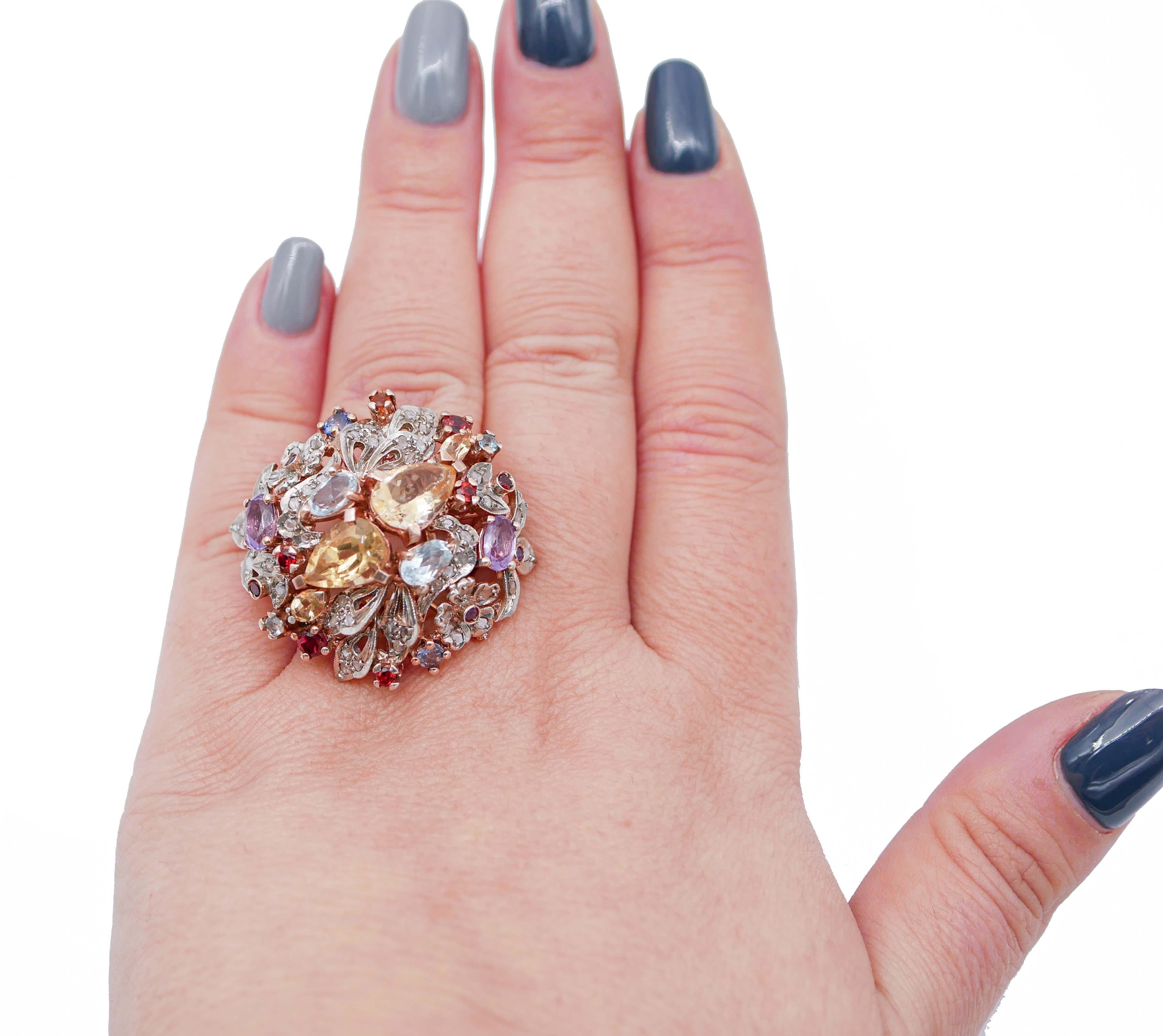 Mixed Cut Topazs, Amethysts, Garnets, Diamonds, 14 Karat Rose Gold and Silver Ring For Sale