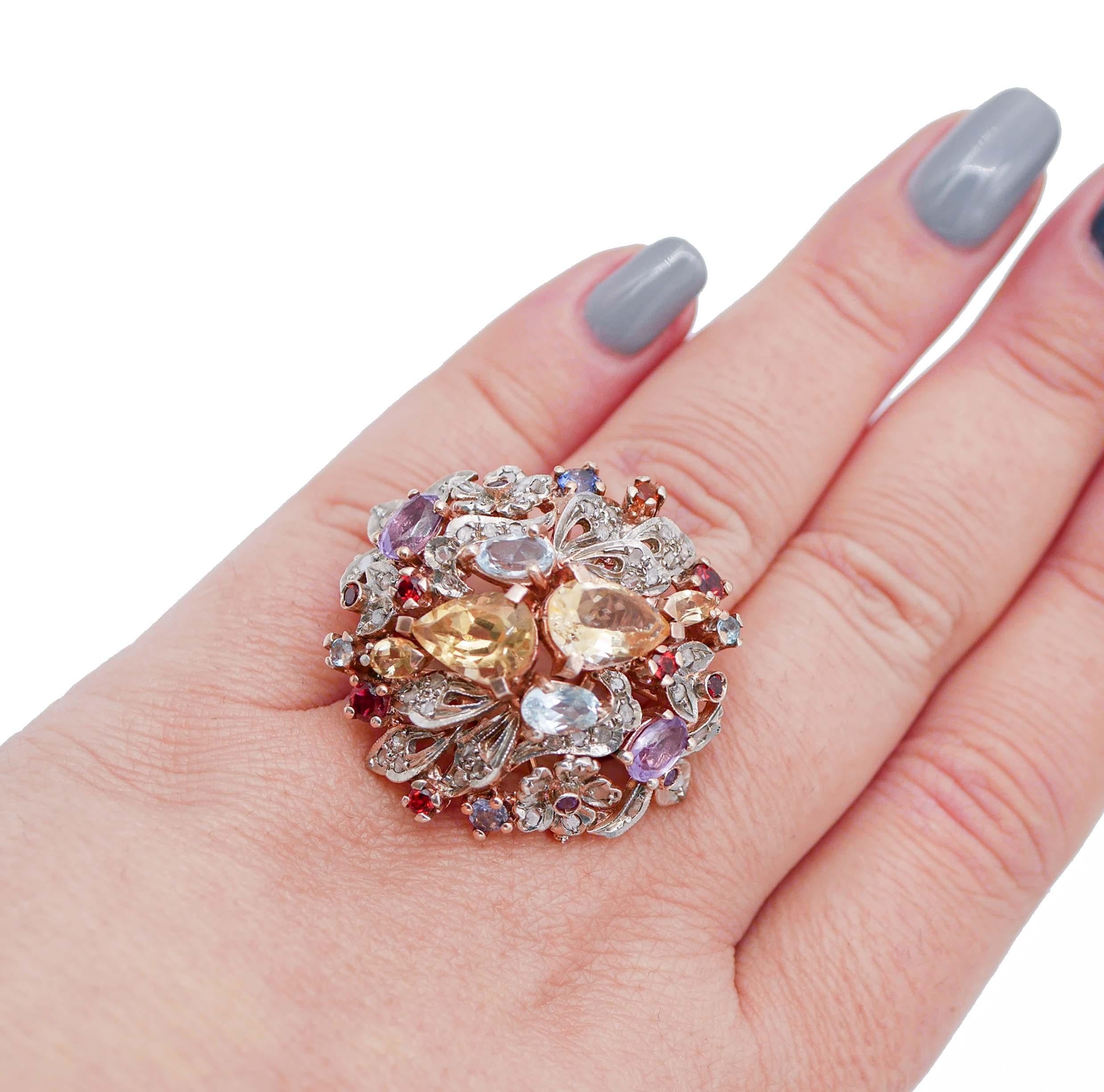 Topazs, Amethysts, Garnets, Diamonds, 14 Karat Rose Gold and Silver Ring In Good Condition For Sale In Marcianise, Marcianise (CE)