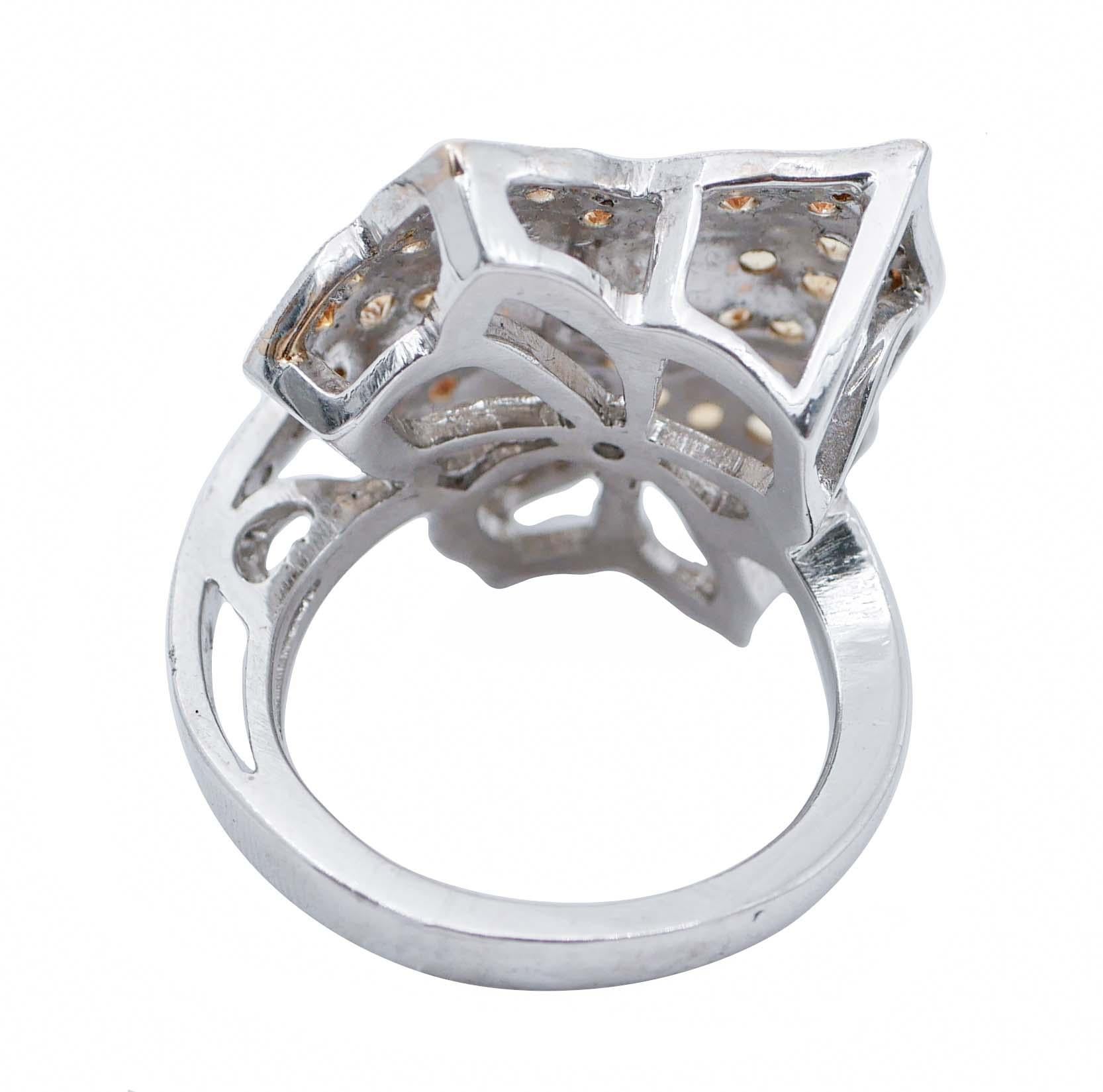 Retro Topazs, Diamonds, 14 Karat White and Rose Gold Ring For Sale
