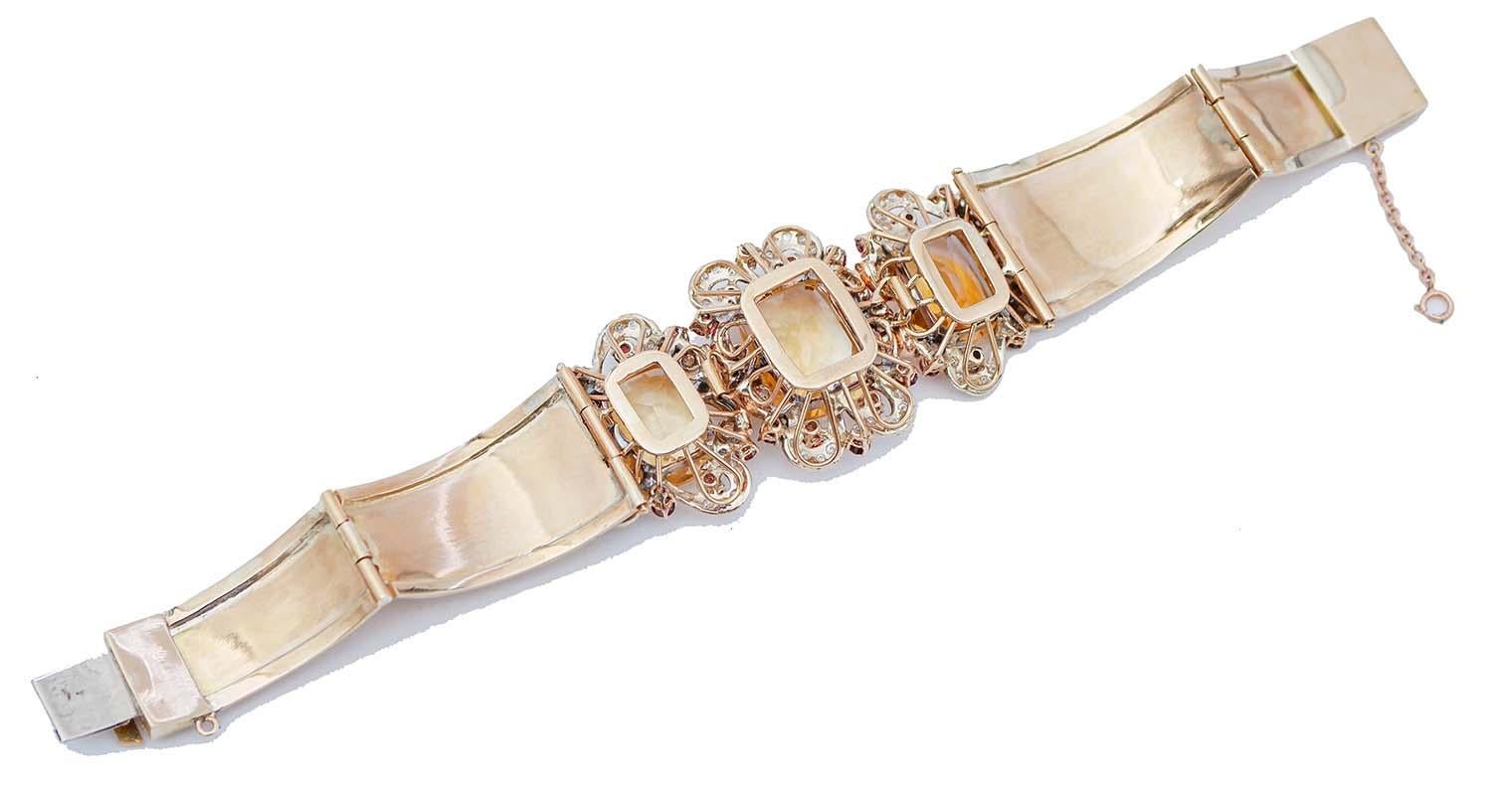 Retro Topazs, Garnets, Diamonds, 9 Kt Rose and White Gold Retrò Bracelet For Sale