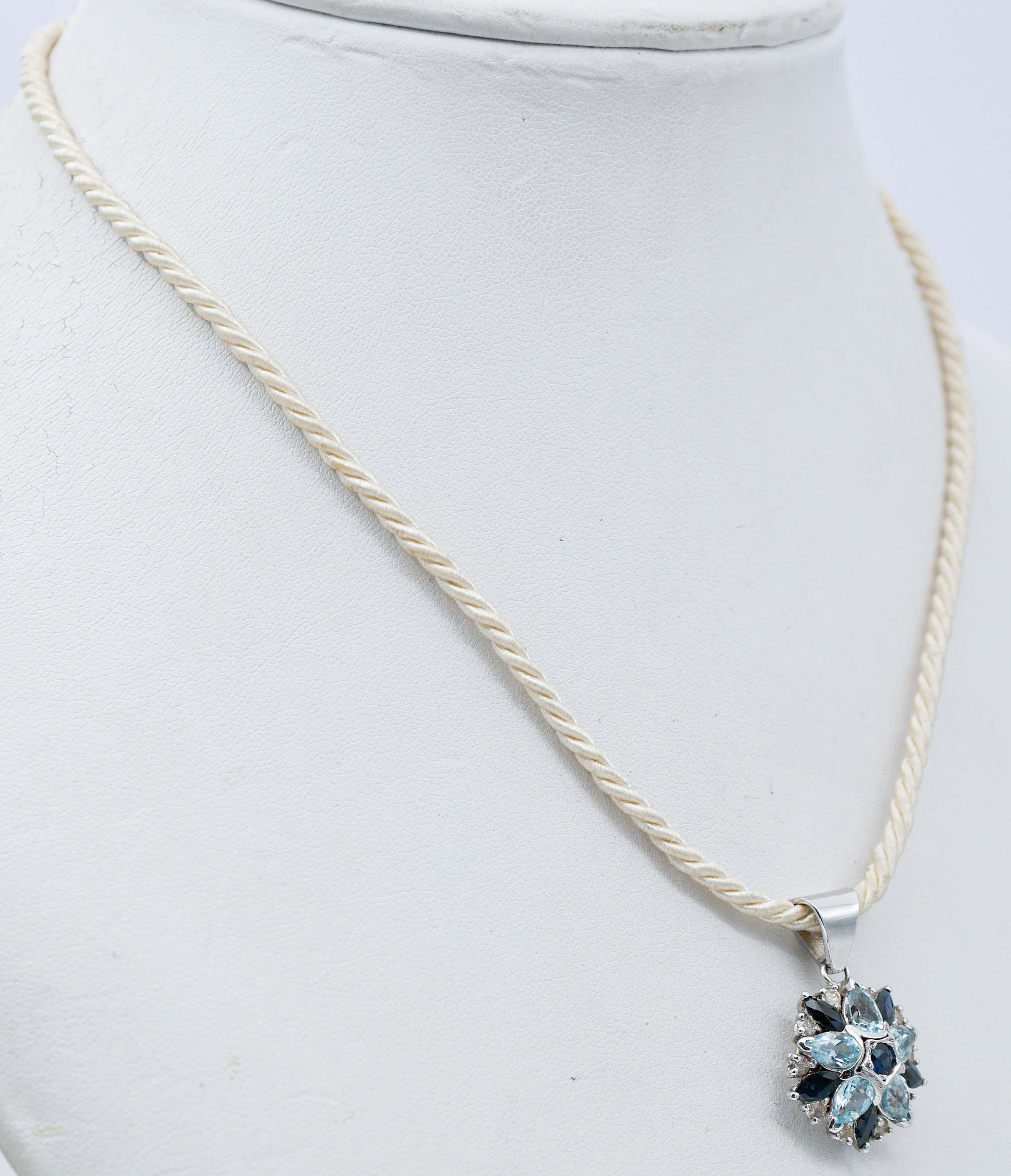 Retro Topazs, Sapphires, Diamonds, 14 Karat White Gold Pendant Necklace For Sale