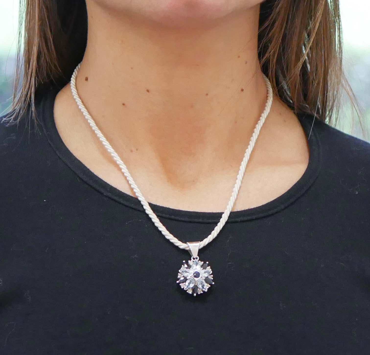 Women's Topazs, Sapphires, Diamonds, 14 Karat White Gold Pendant Necklace For Sale