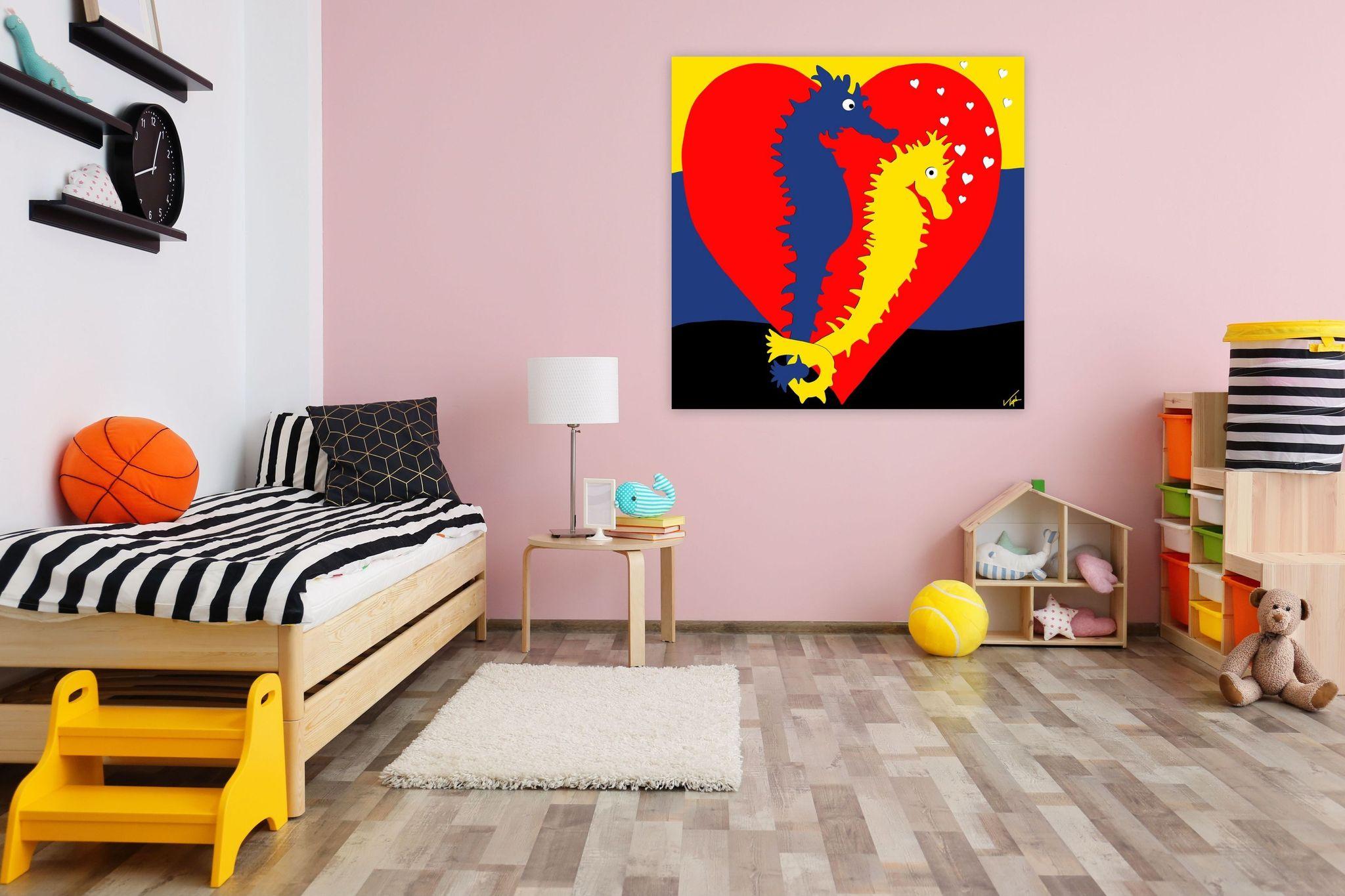 Dieser farbenfrohe Druck des digitalen Gemäldes von Topher Straus ist ein fröhlicher, moderner Tierdruck. Romantisch und farbenfroh, inspiriert von seiner eigenen Erkundung der Natur und einem starken Wunsch nach Erhaltung der Umwelt, verfolgen