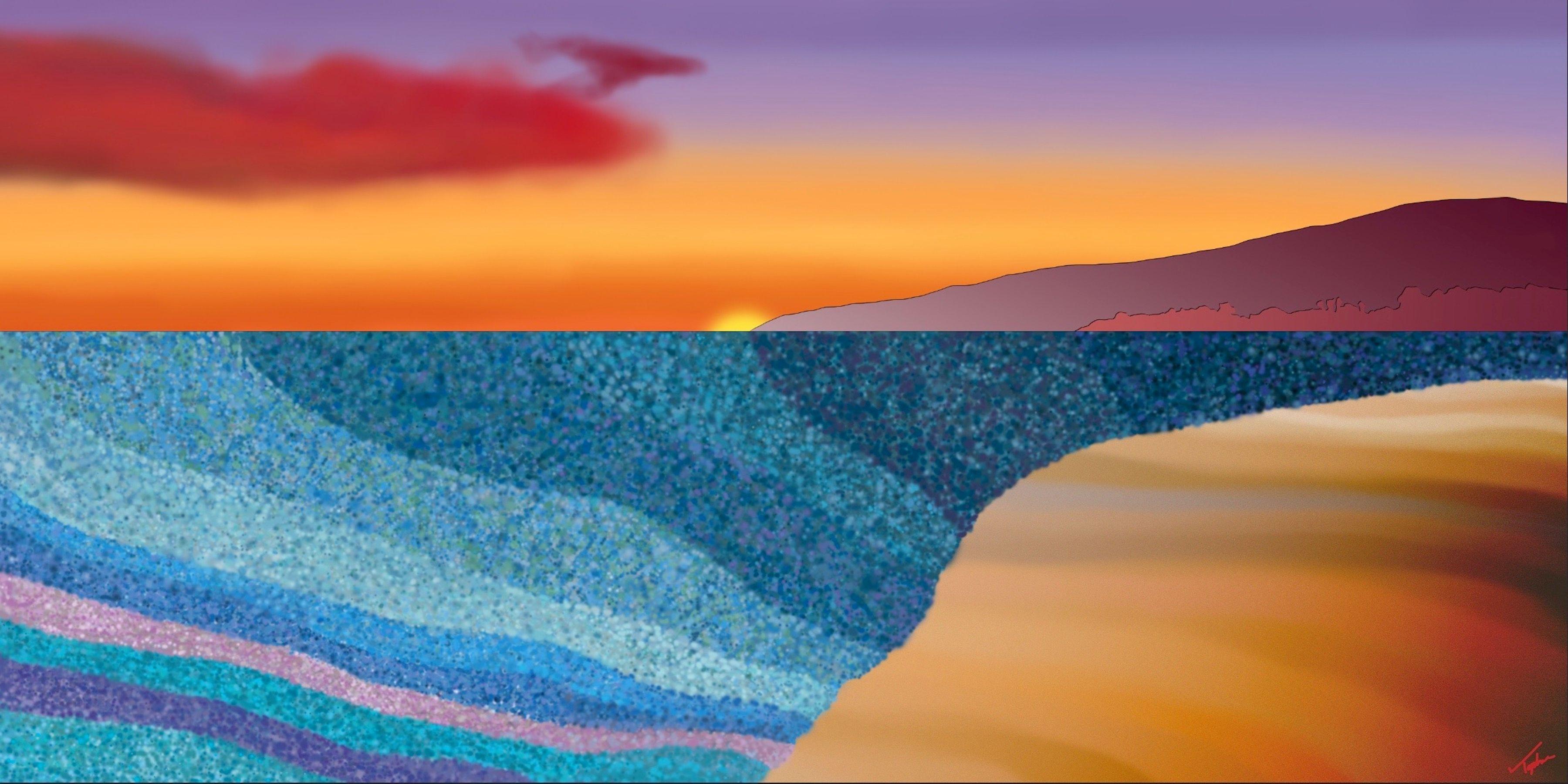 Topher Straus' captivating digital seascape, "Aloha," transports you to the idyllic shores of Maui. Inspired by a cherished evening spent with a dear friend, Straus captures the essence of tranquility and the breathtaking beauty of a Hawaiian sunset