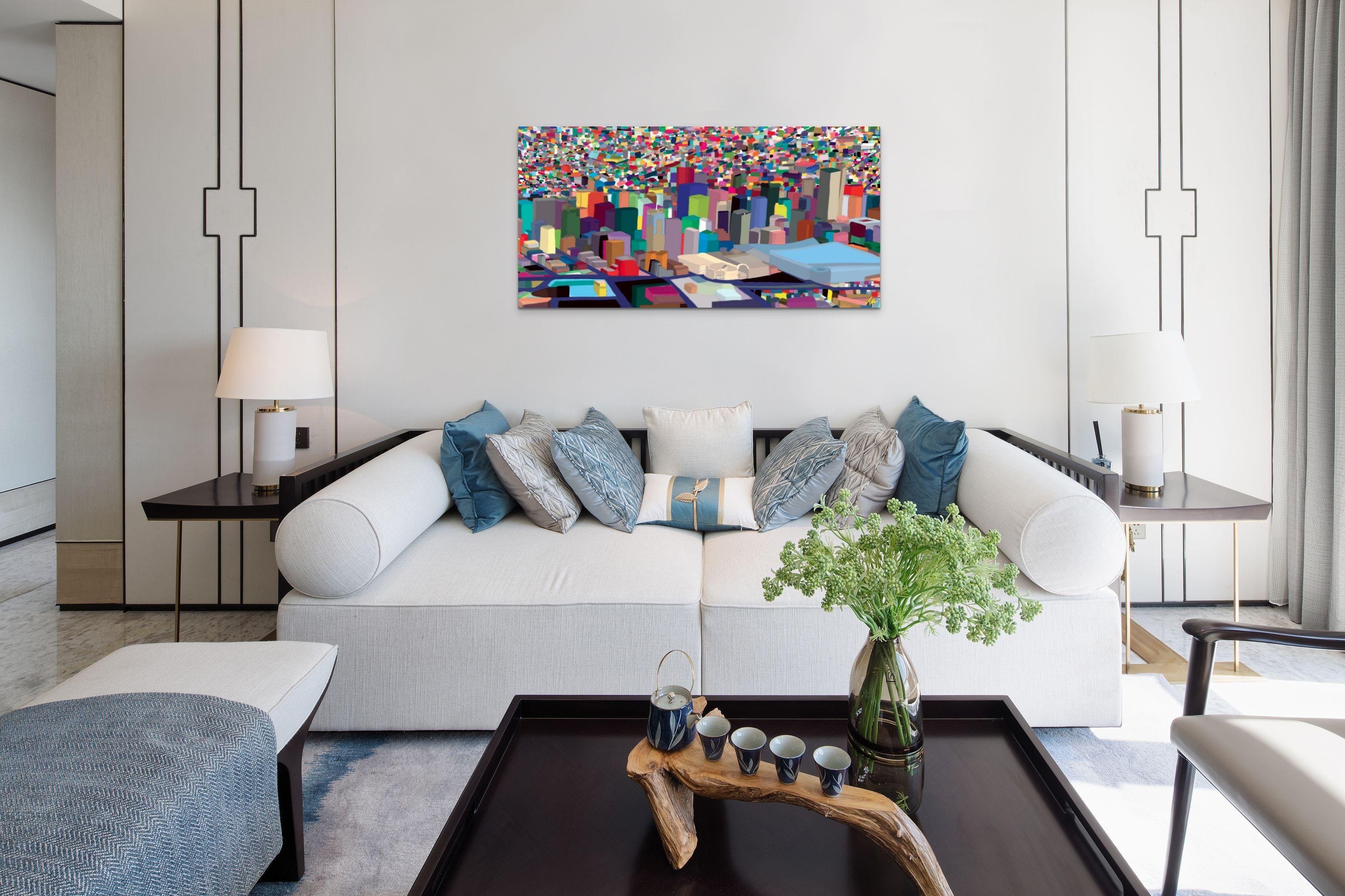 Denver Day, Modern Colorful Impressionist Cityscape Painting, Colorado, Ltd Ed - Gray Landscape Painting by Topher Straus