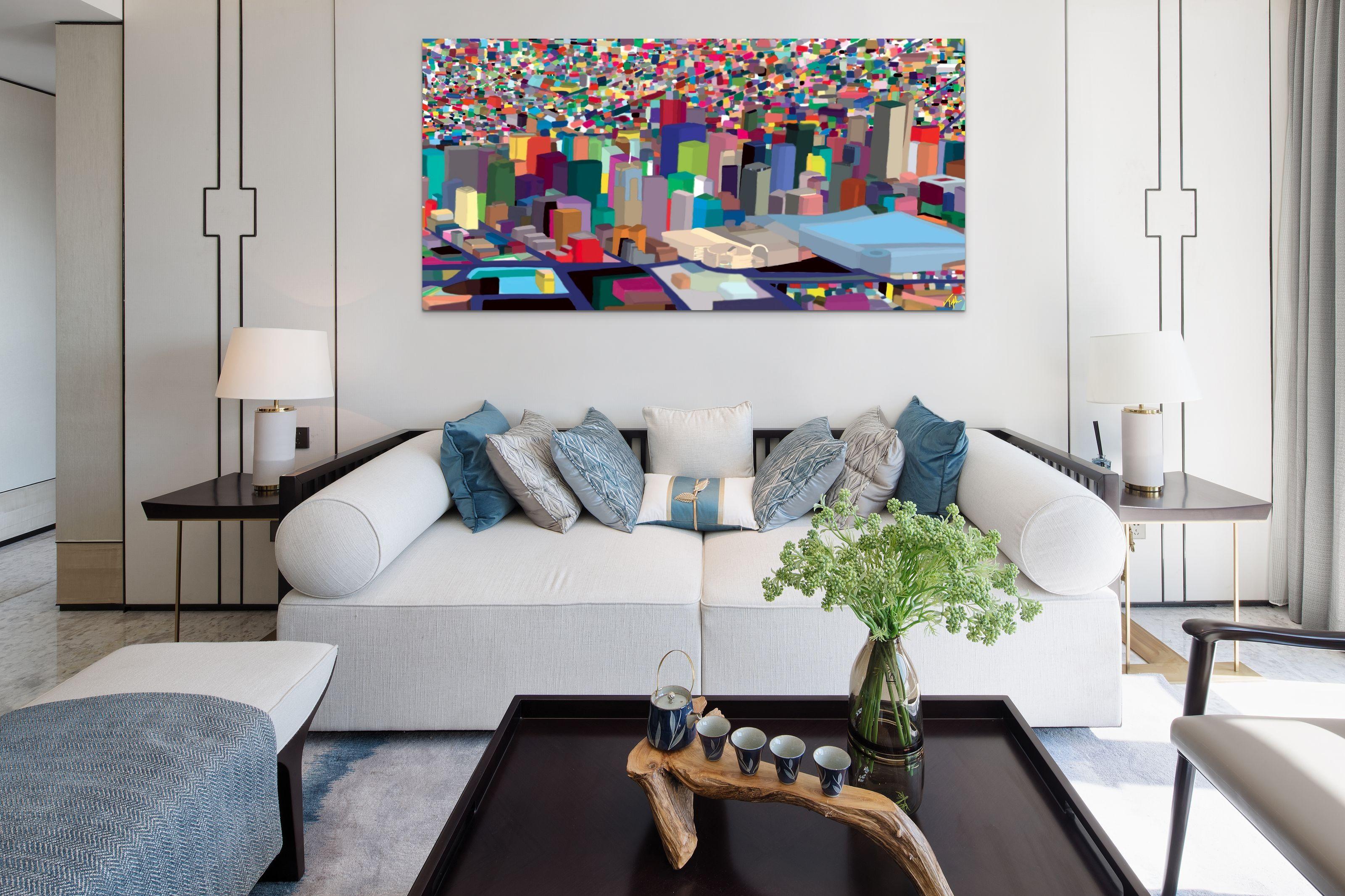Denver Day, Original Modern Colorful Impressionist Cityscape Painting, Colorado - Photograph by Topher Straus