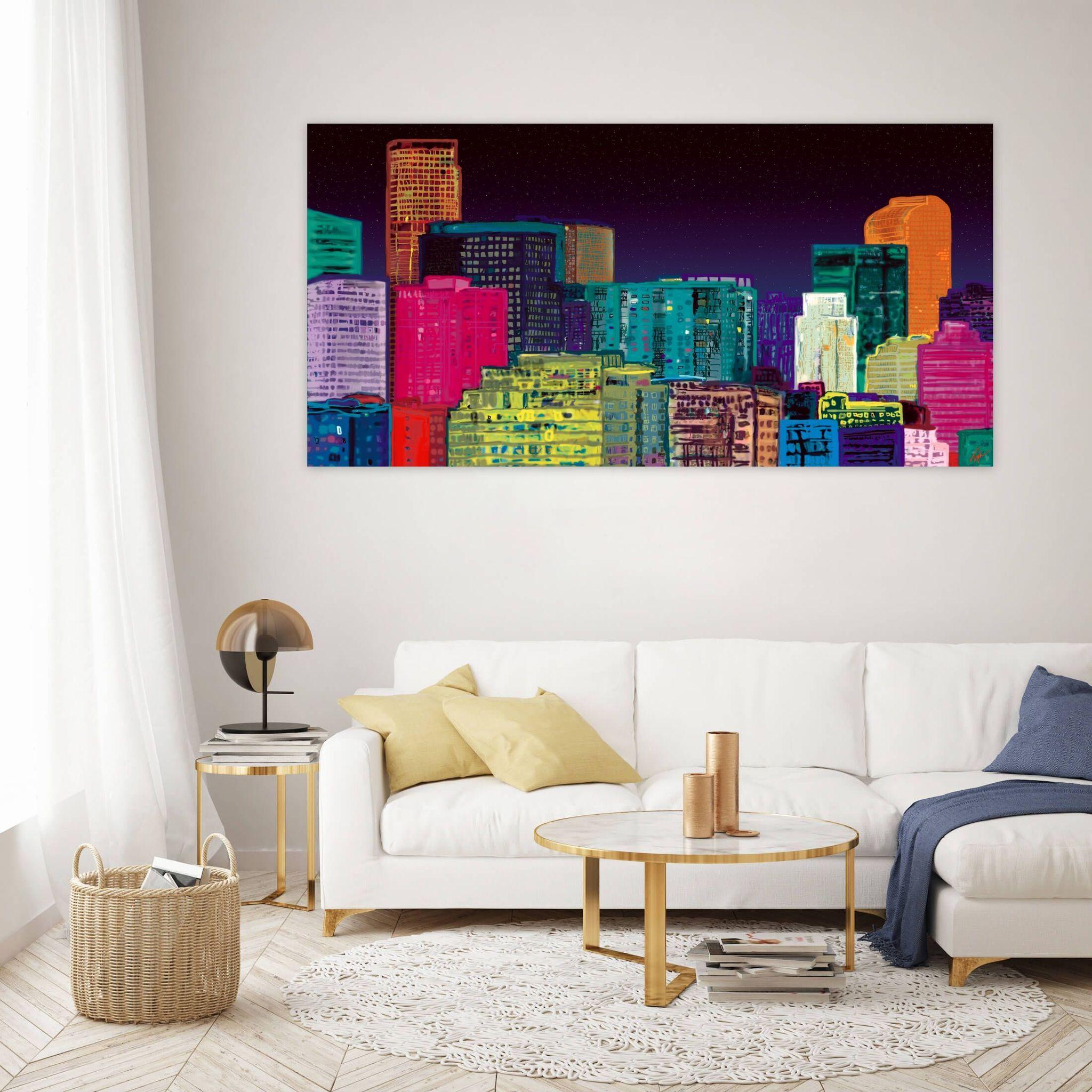 Denver, Night, Original Contemporary Impressionist Cityscape, 2019 - Painting by Topher Straus