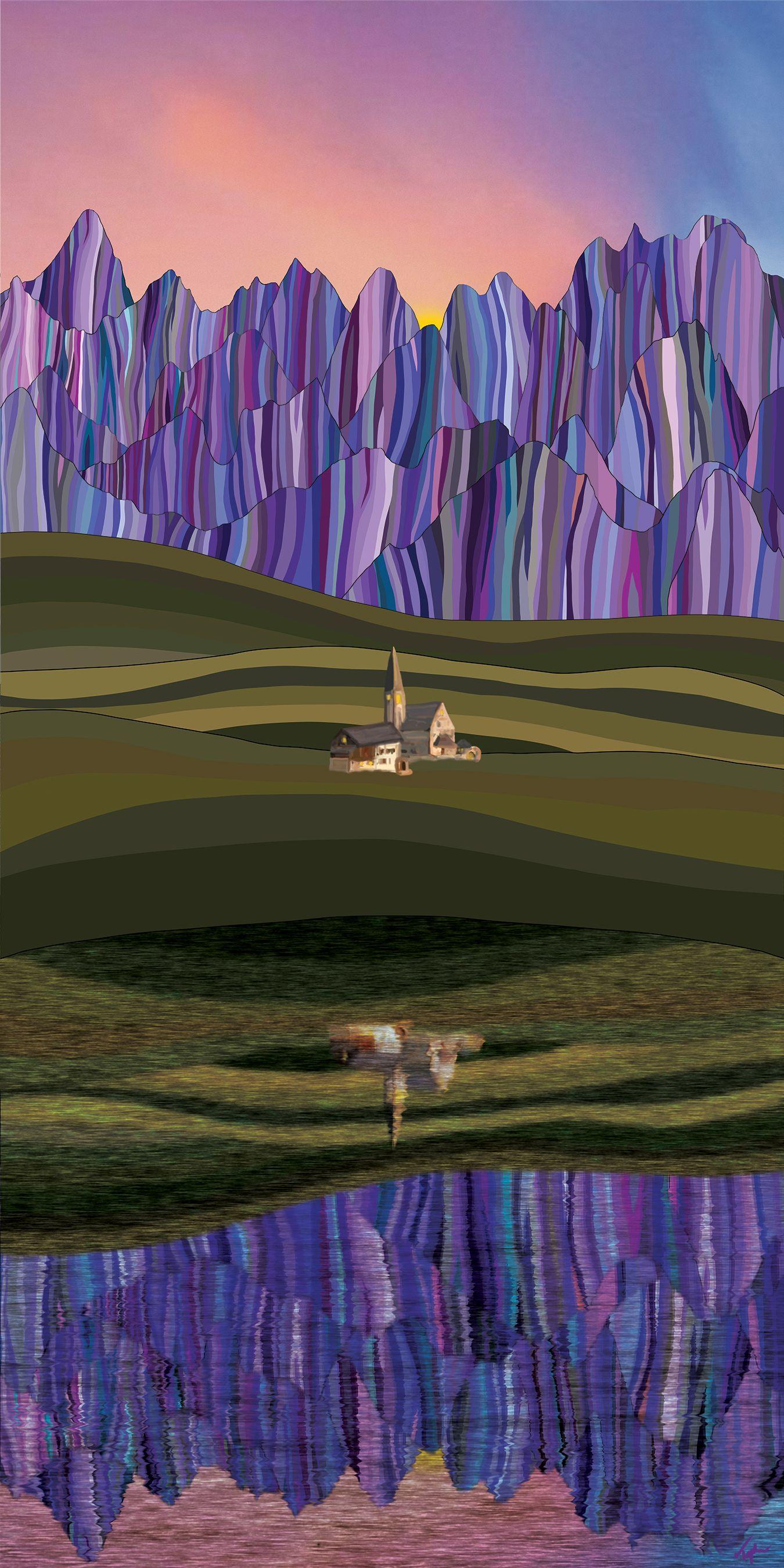 Ce grand paysage moderne en édition limitée intitulé Dolomites est une œuvre d'art contemporain audacieuse et vivante. Cette peinture numérique à grande échelle, sublimée sur aluminium par l'artiste Coloradan Topher Straus, adopte une approche