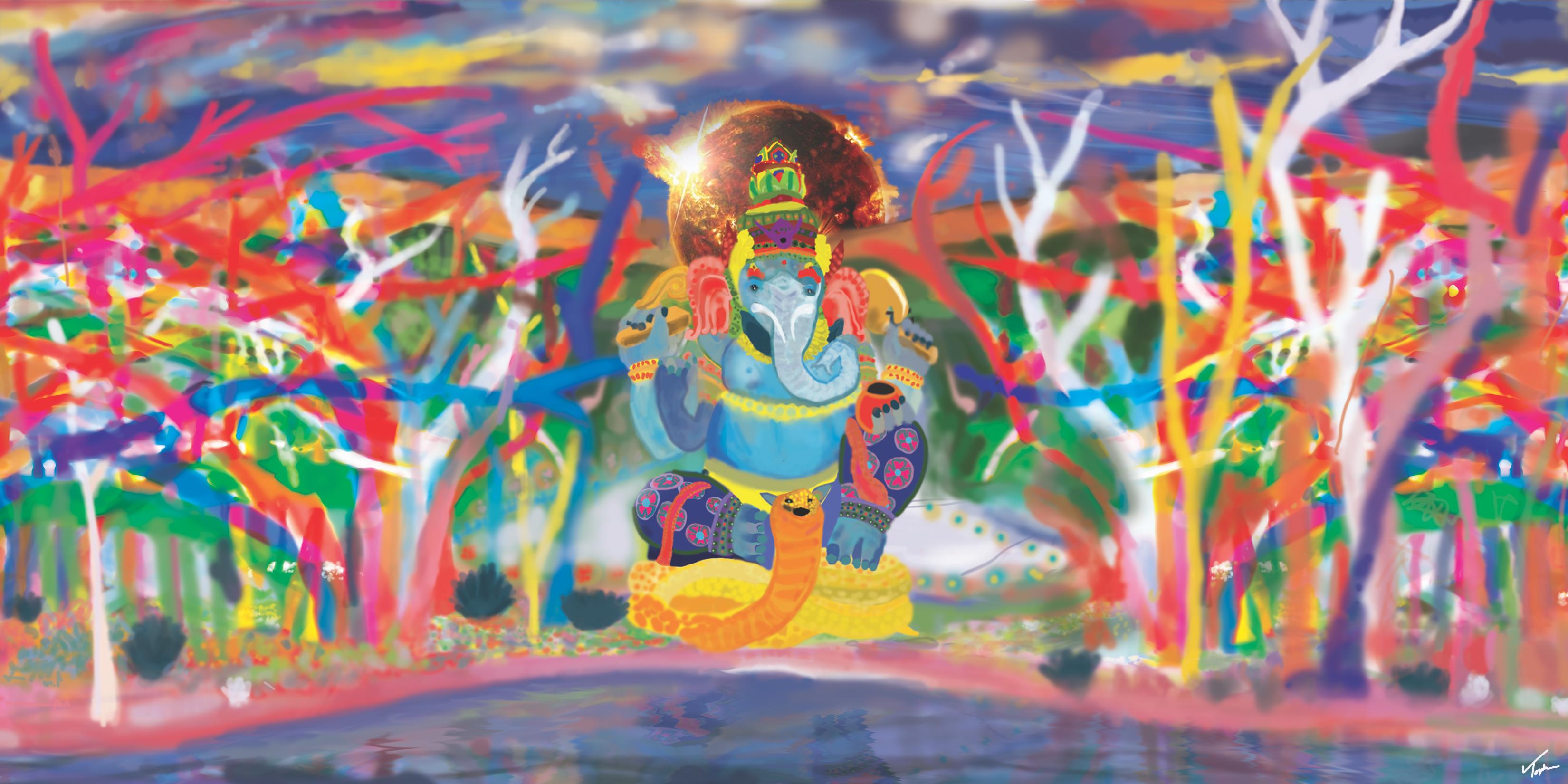 Immerse yourself in the mystical realm of the Hindu deity Ganesha with Topher Straus' captivating "Ganesha" Limited Edition. This awe-inspiring digital artwork portrays the elephant-headed god amidst a vibrant landscape.  Straus' signature technique