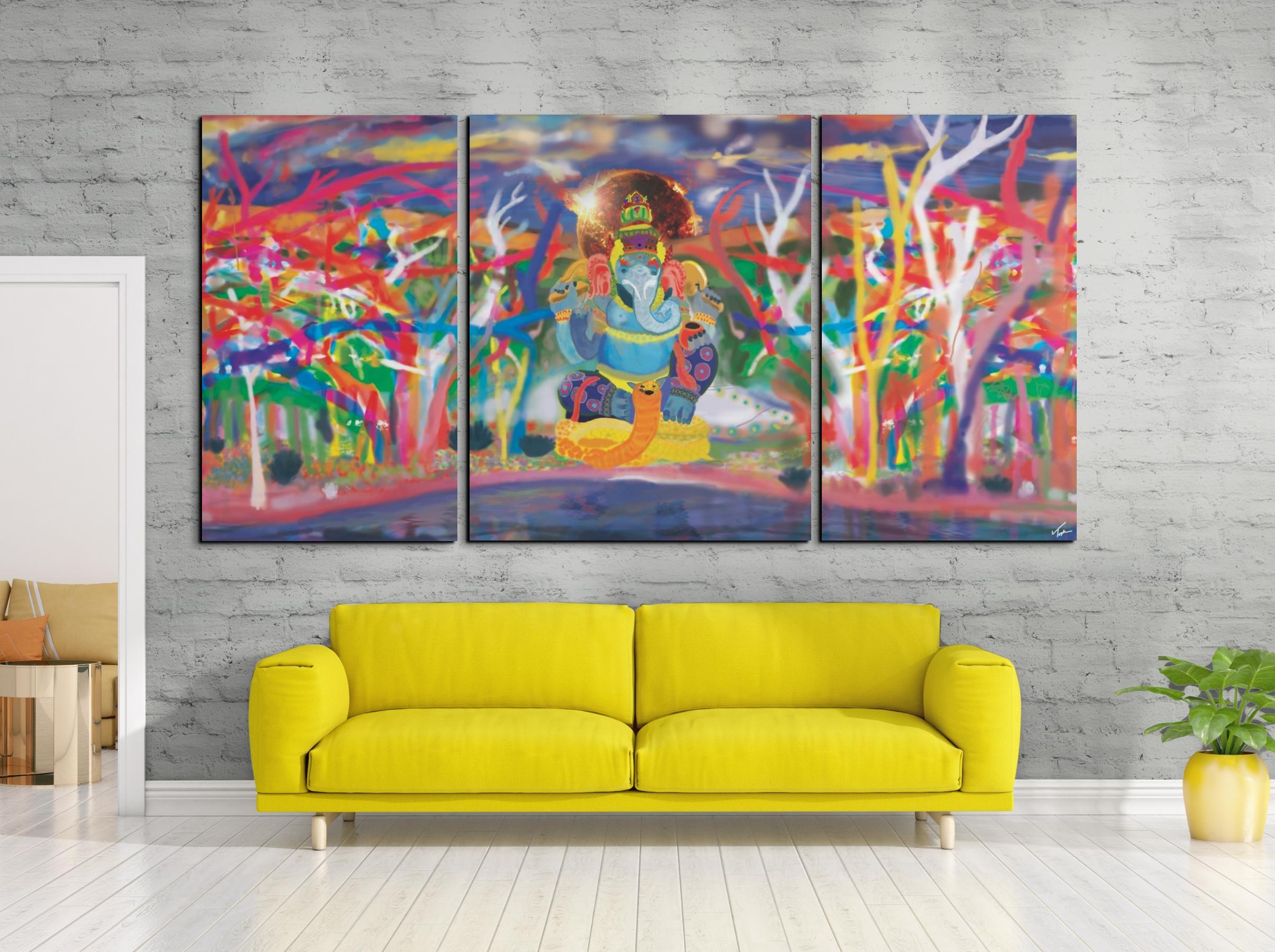 Ganesha, Modern Impressionist Figurative Painting, 2022, Original Triptych For Sale 1