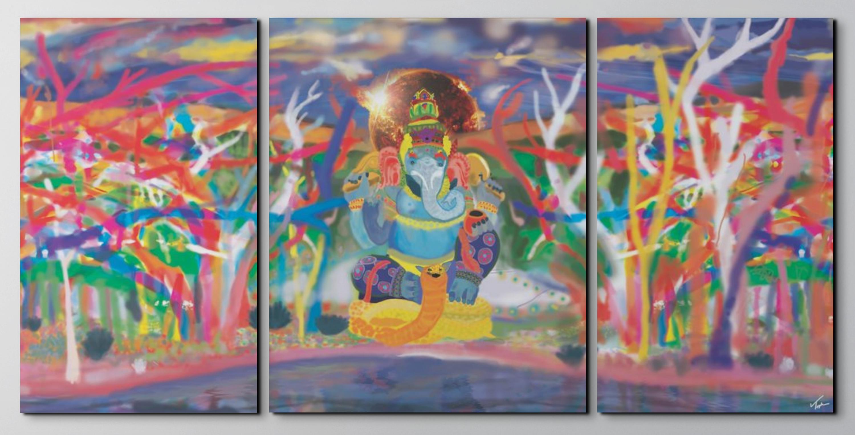 Topher Straus Figurative Painting – Ganesha, Modernes impressionistisches figuratives Gemälde, 2022, Original Triptychon