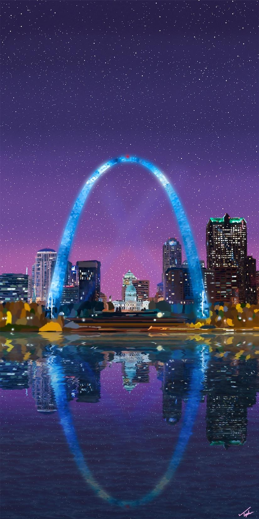 Abstract Painting di Topher Straus - Gateway Arch National Park, Paesaggio impressionista contemporaneo, 2022, Ltd Ed.