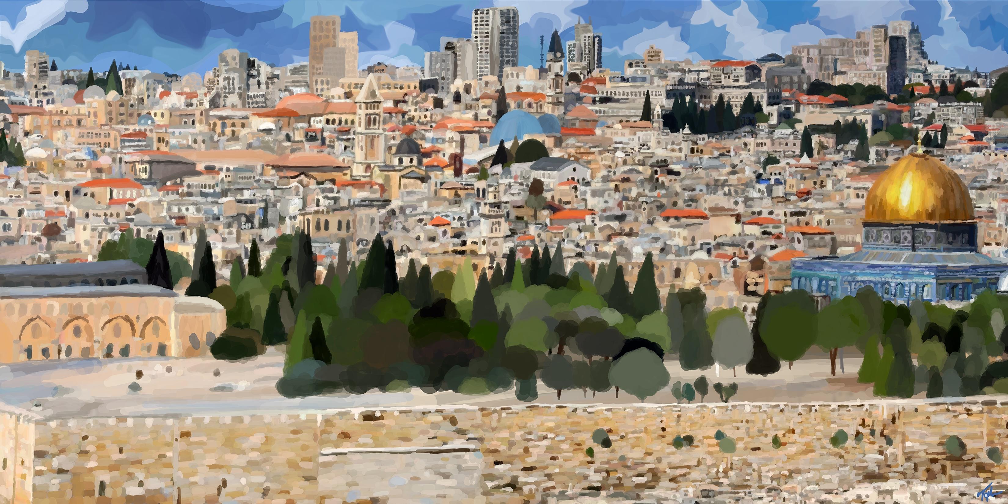 Landscape Painting Topher Straus - Jérusalem, paysage impressionniste contemporain, 2023, édition limitée