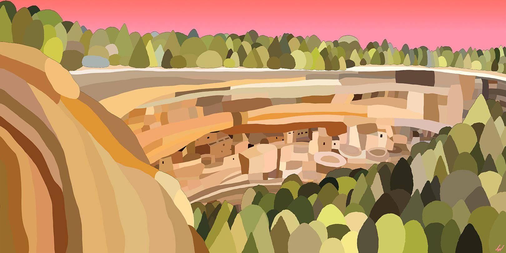 This original modern landscape painting of Mesa Verde National Park is a bold vivid work of contemporary art. The original large-scale digital painting, dye-sublimated onto aluminum by Coloradan artist Topher Straus, takes an original approach to