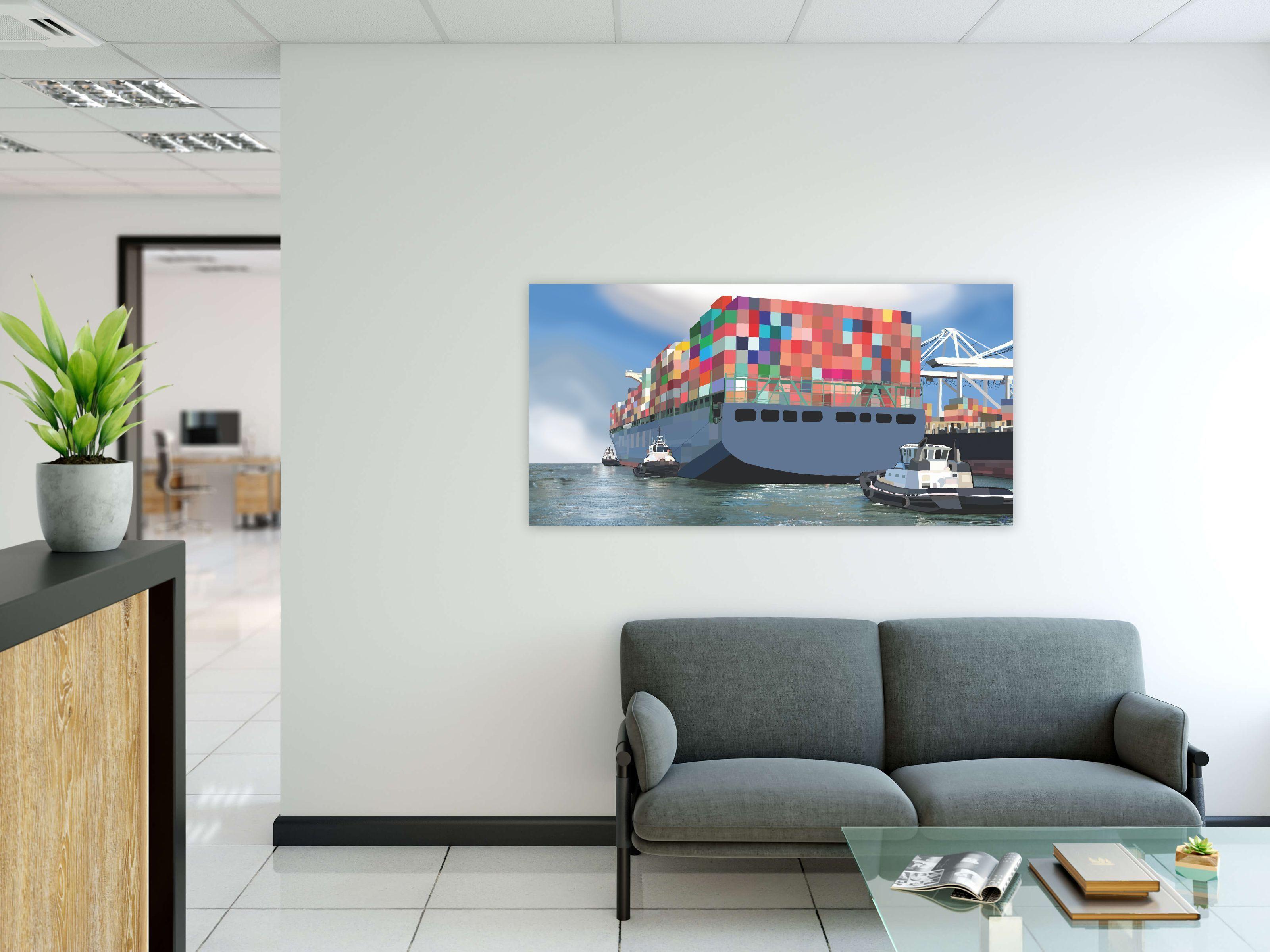 This large limited edition modern landscape painting of a Cargo Ship in Oakland, California is a bold vivid work of contemporary art. The large-scale digital painting, dye-sublimated onto aluminum by Coloradan artist Topher Straus, takes an original