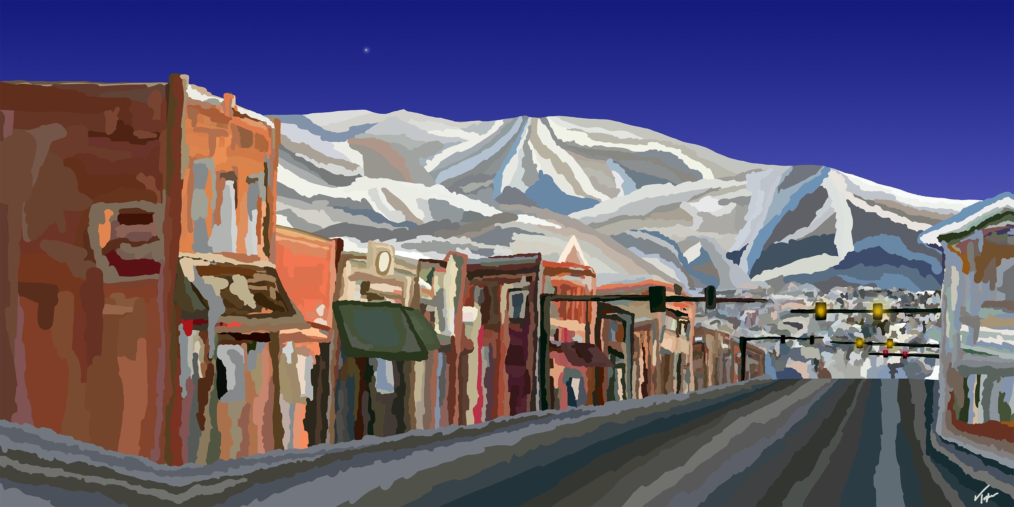 Landscape Painting Topher Straus - Voilier à vapeur, paysage de ville de ski impressionniste contemporain et moderne du Colorado