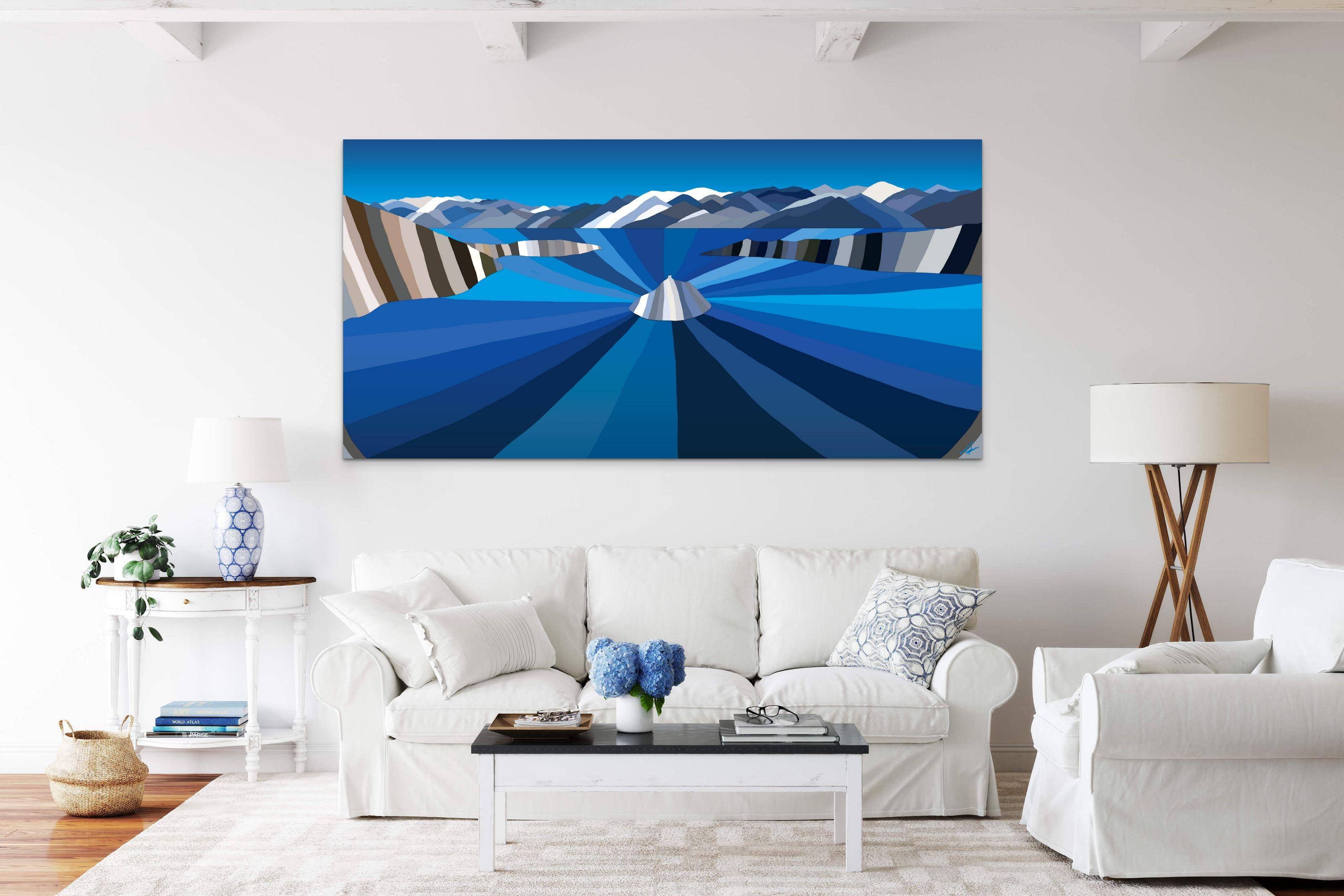 This original modern landscape painting of Lake Tahoe, is a bold vivid work of contemporary art. The original large-scale digital painting, dye-sublimated onto aluminum by Coloradan artist Topher Straus, takes an original approach to depicting