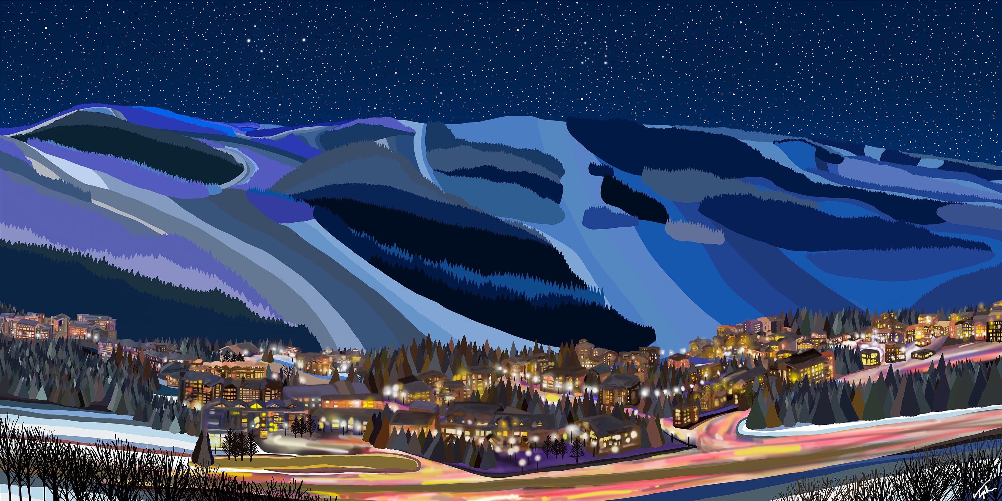 Vail Lights, Moderne zeitgenössische impressionistische Skistadt- und Berglandschaft