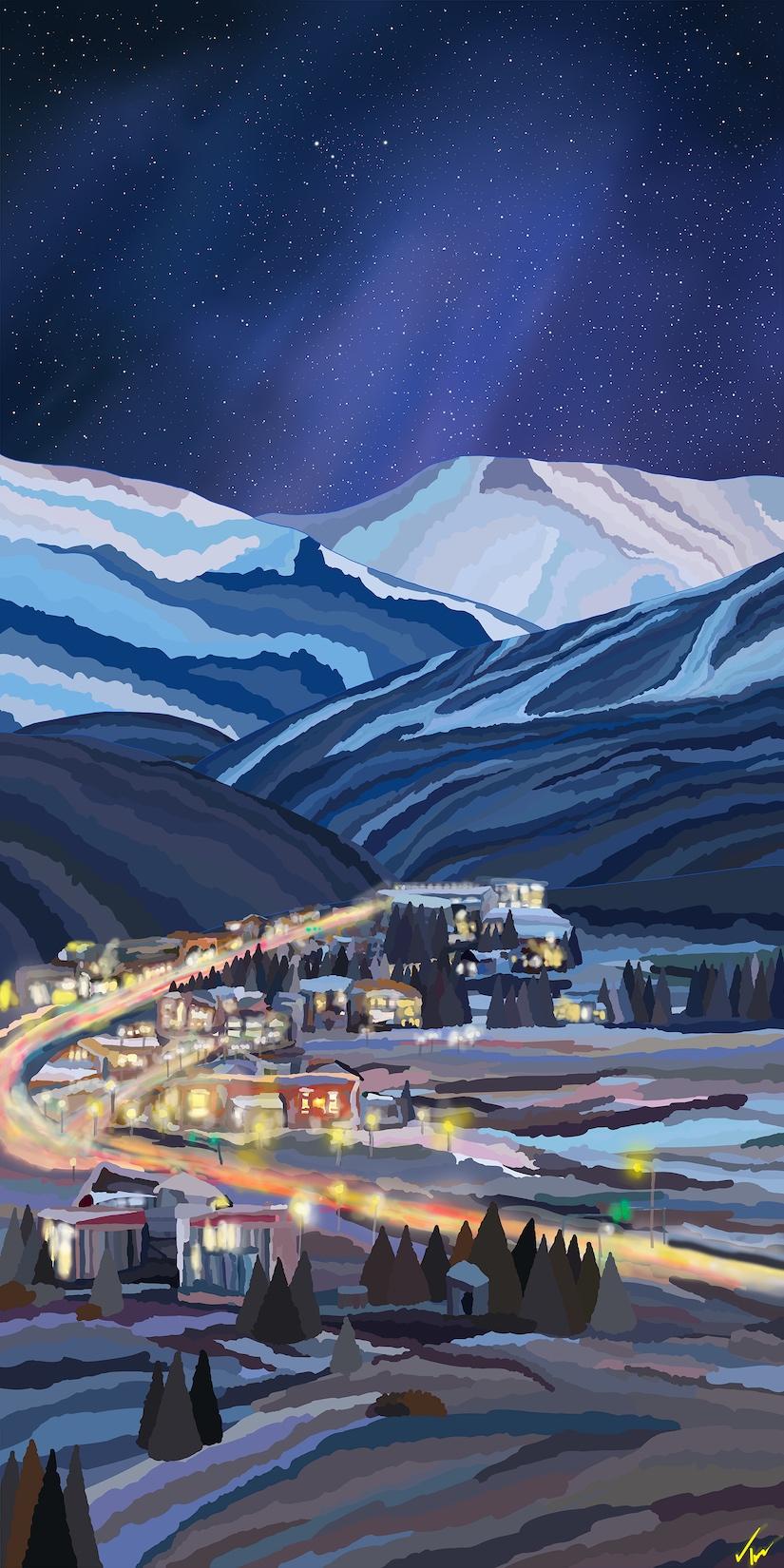 Landscape Painting Topher Straus - Winter Park, paysage de ville de ski impressionniste moderne et contemporain du Colorado, 2022