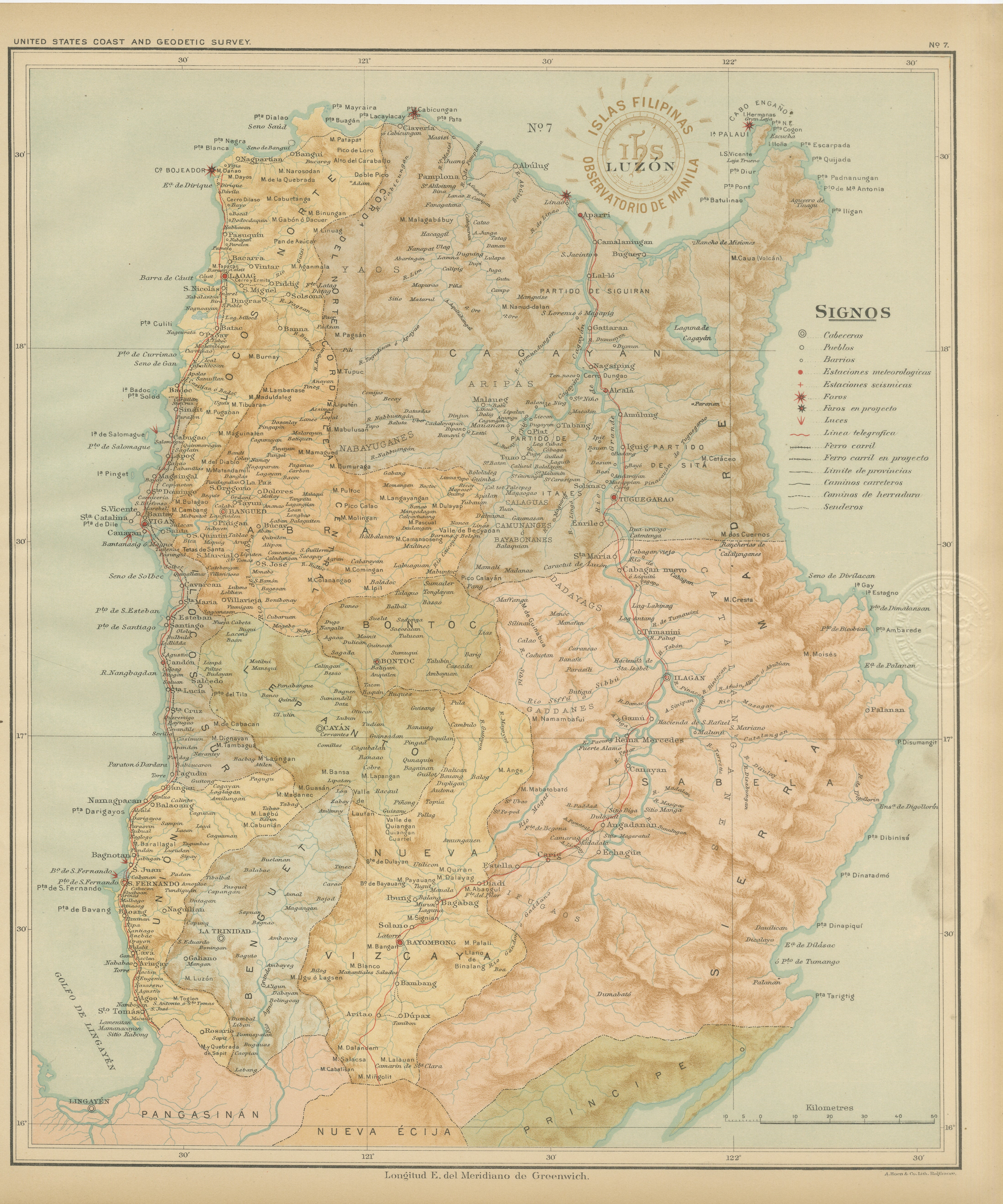 Topographic & Meteorological Map, Northern Luzon – Observatorio de Manila, 1899 For Sale