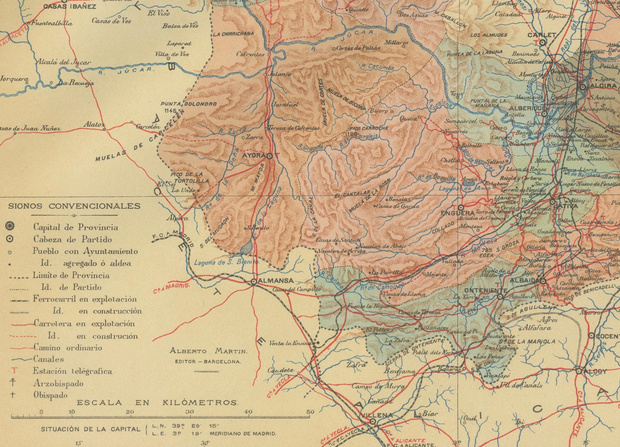 A historical map of the province of Valencia, dated 1901. The map includes intricate details such as topographical features, with mountain ranges and river systems prominently marked. The province's boundaries are clearly outlined, and various types