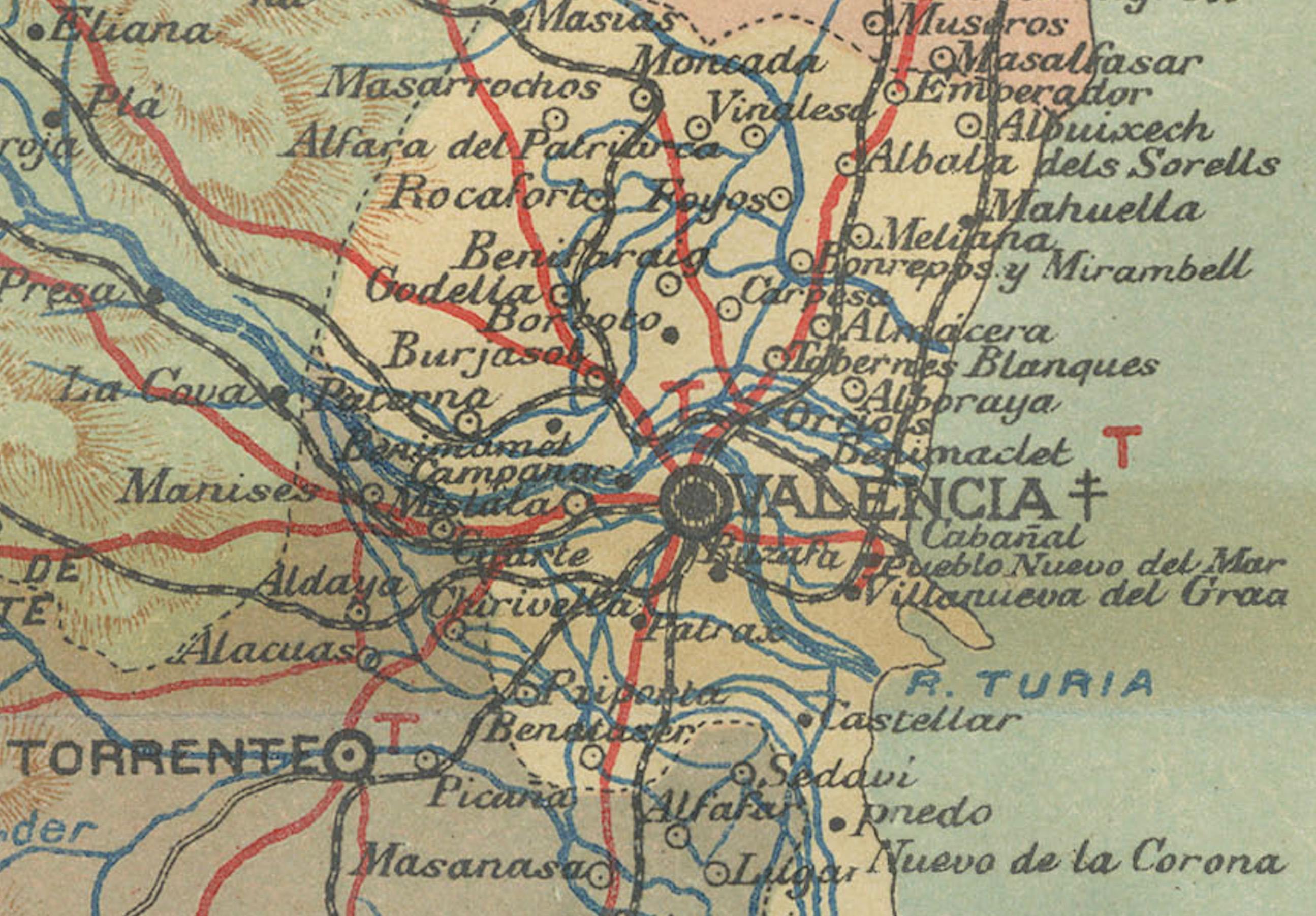 Early 20th Century Topographical and Infrastructure Map of the Province of Valencia, 1901 For Sale
