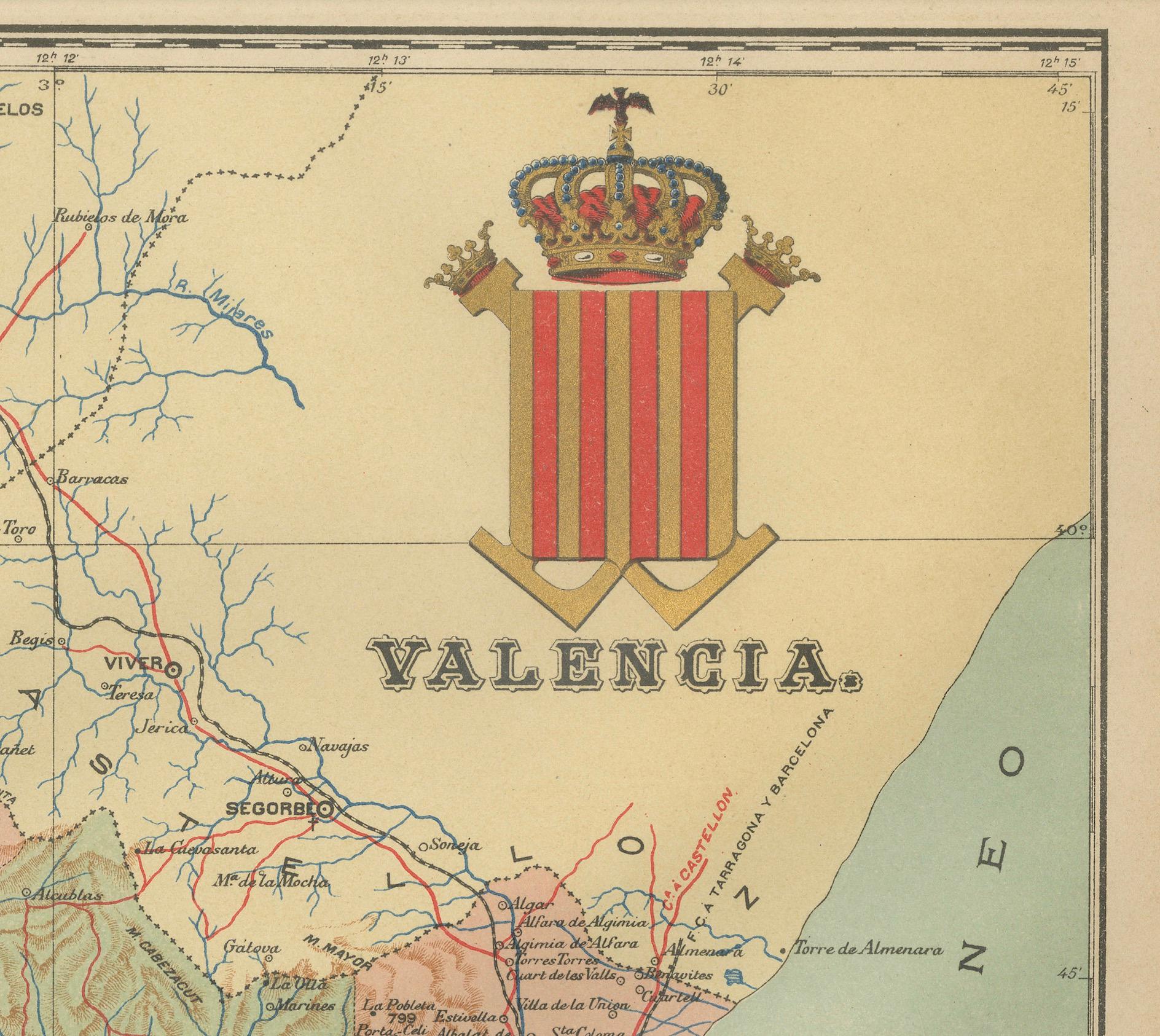 Paper Topographical and Infrastructure Map of the Province of Valencia, 1901 For Sale