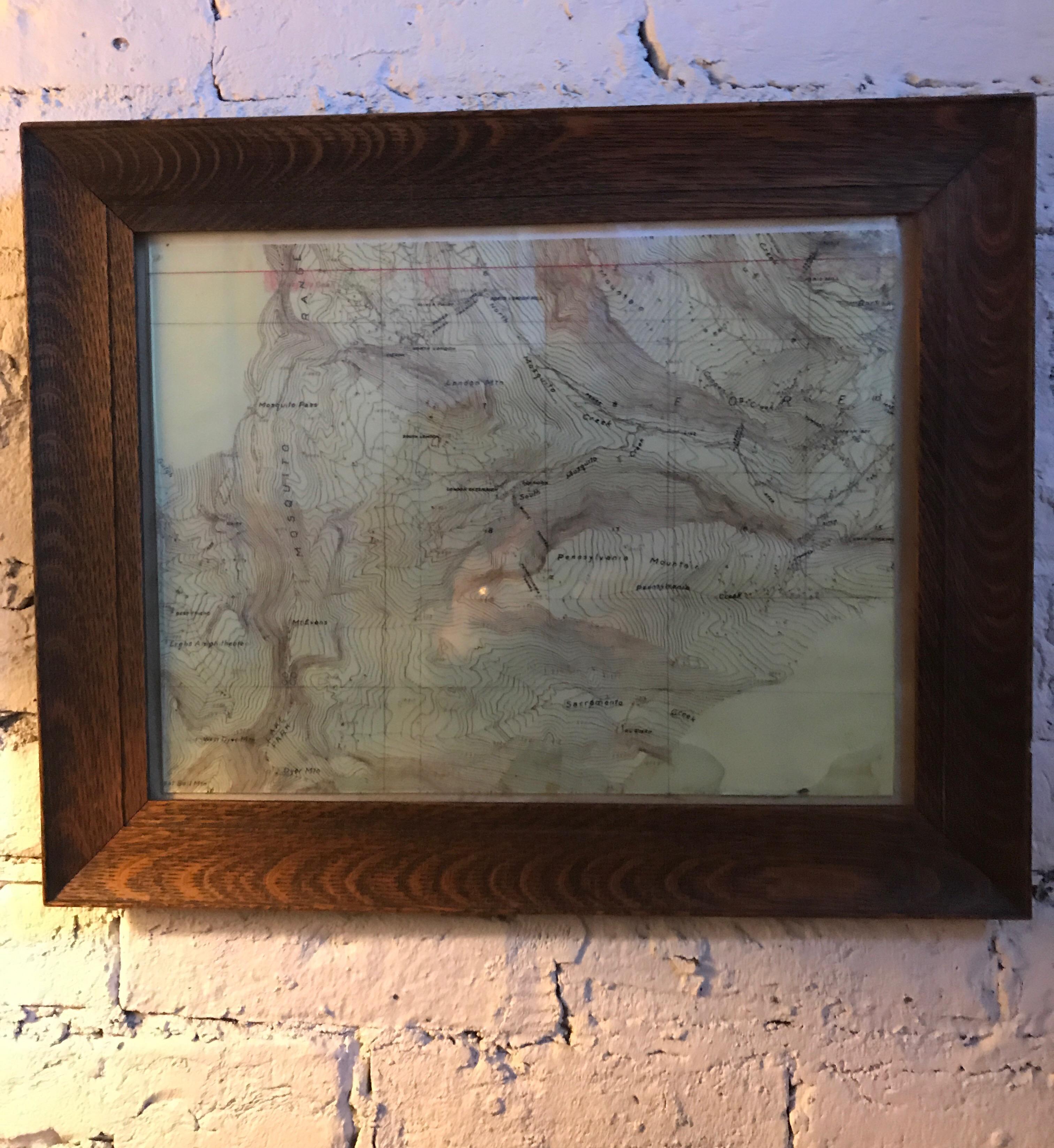 American Topographical Map of the Pennsylvania Mountains in a Quarter Sawn Oak Frame For Sale