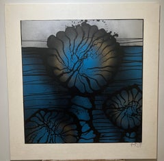 Mid-Century Vibrant Blue Abstract painting w/ Silver