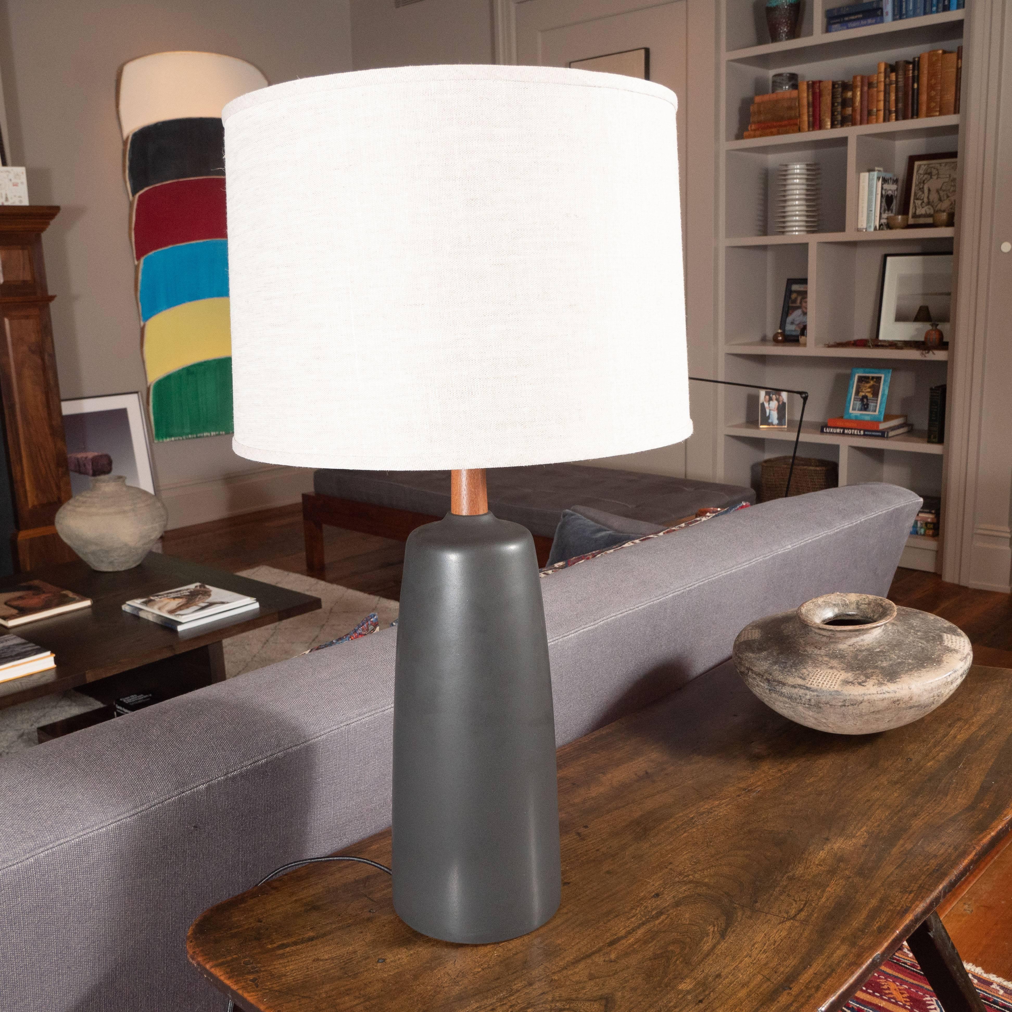 Contemporary 'Tor' Oak and Ceramic Lamp by Stone and Sawyer