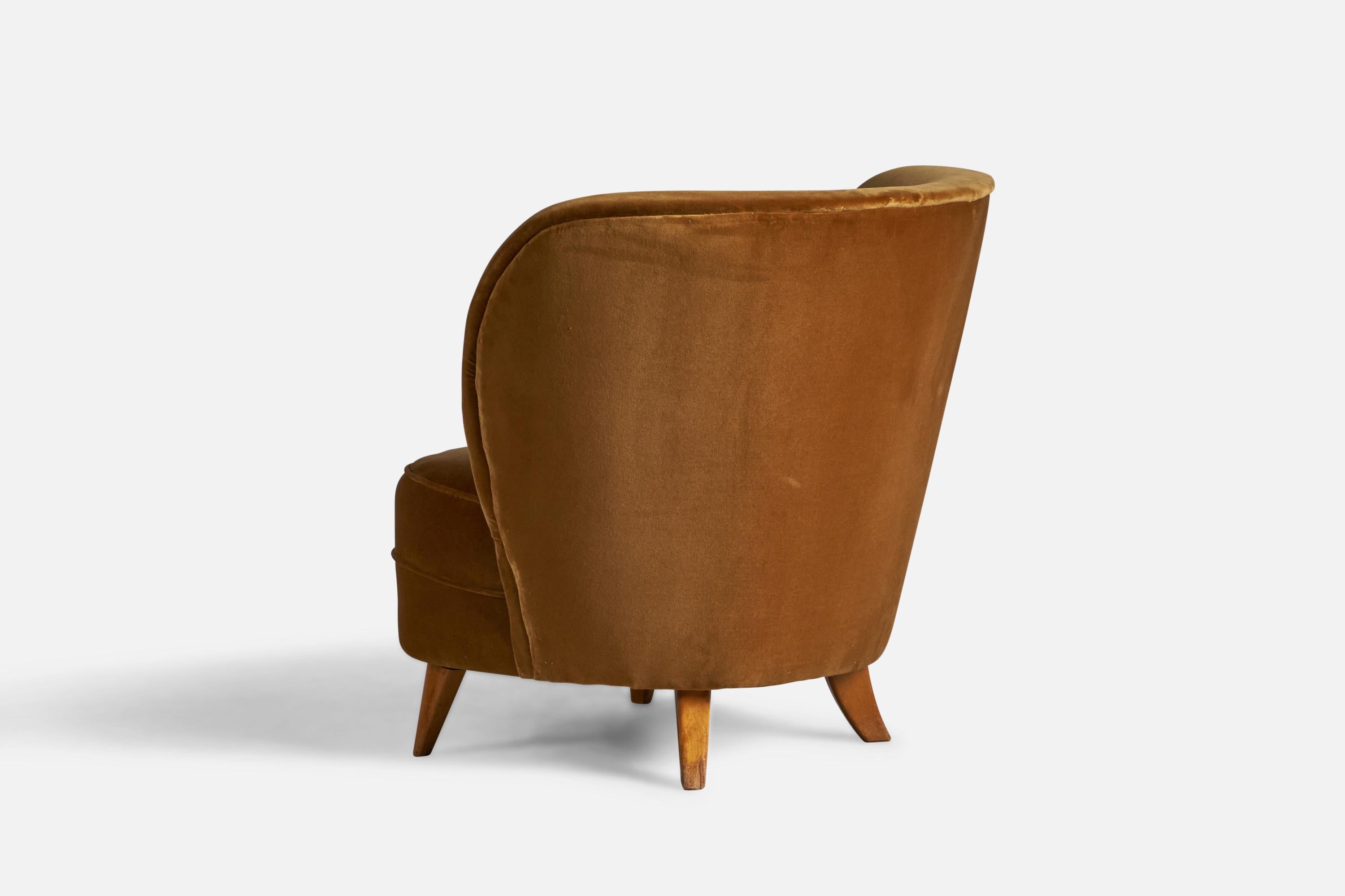 Swedish Tor Wolfenstein, Lounge Chairs, Wood, Velvet, Sweden, 1940s For Sale