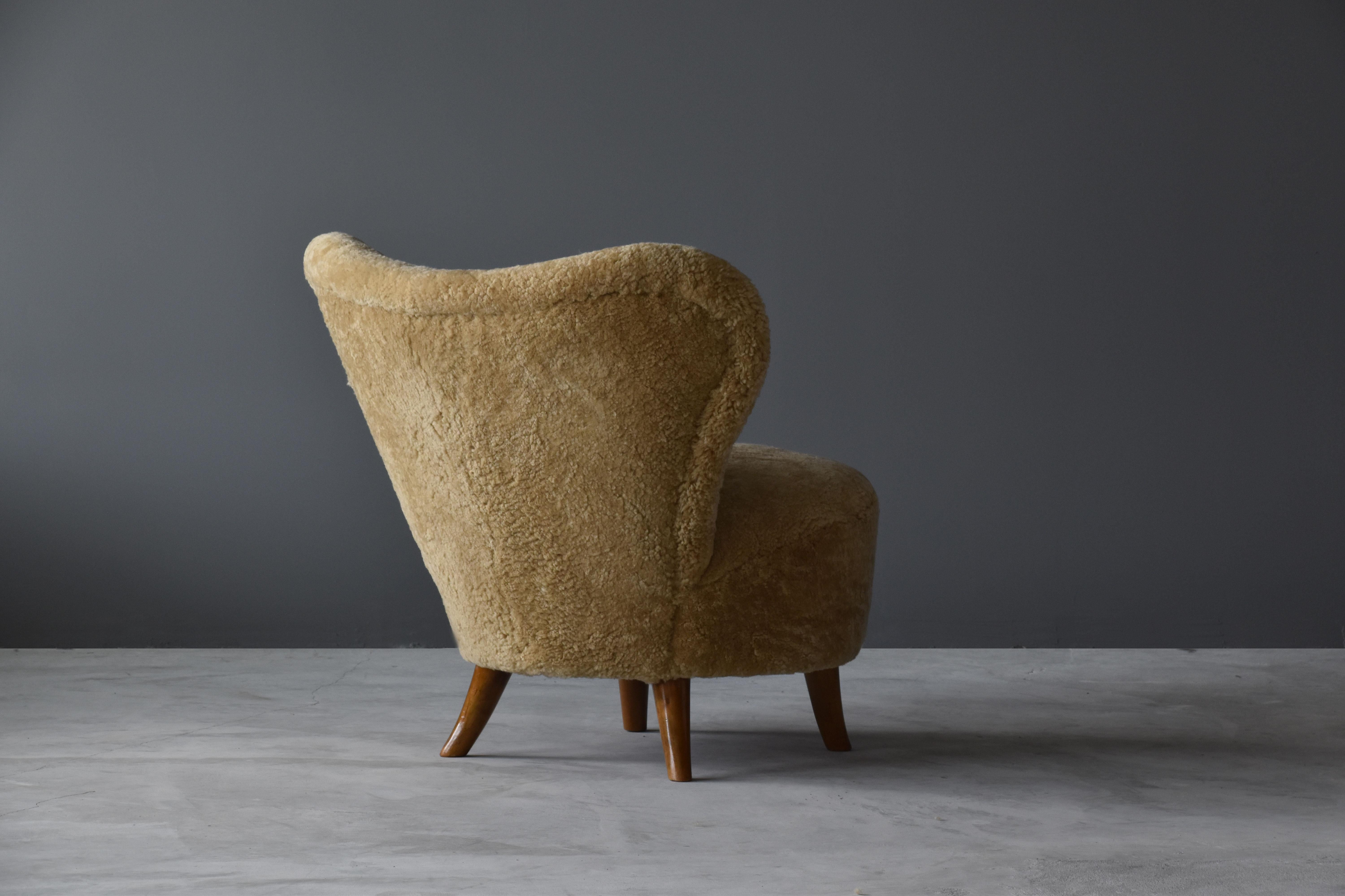 Swedish Tor Wolfenstein, Organic Lounge Chair, Sheepskin, Stained Beech, Ditzinger, 1940