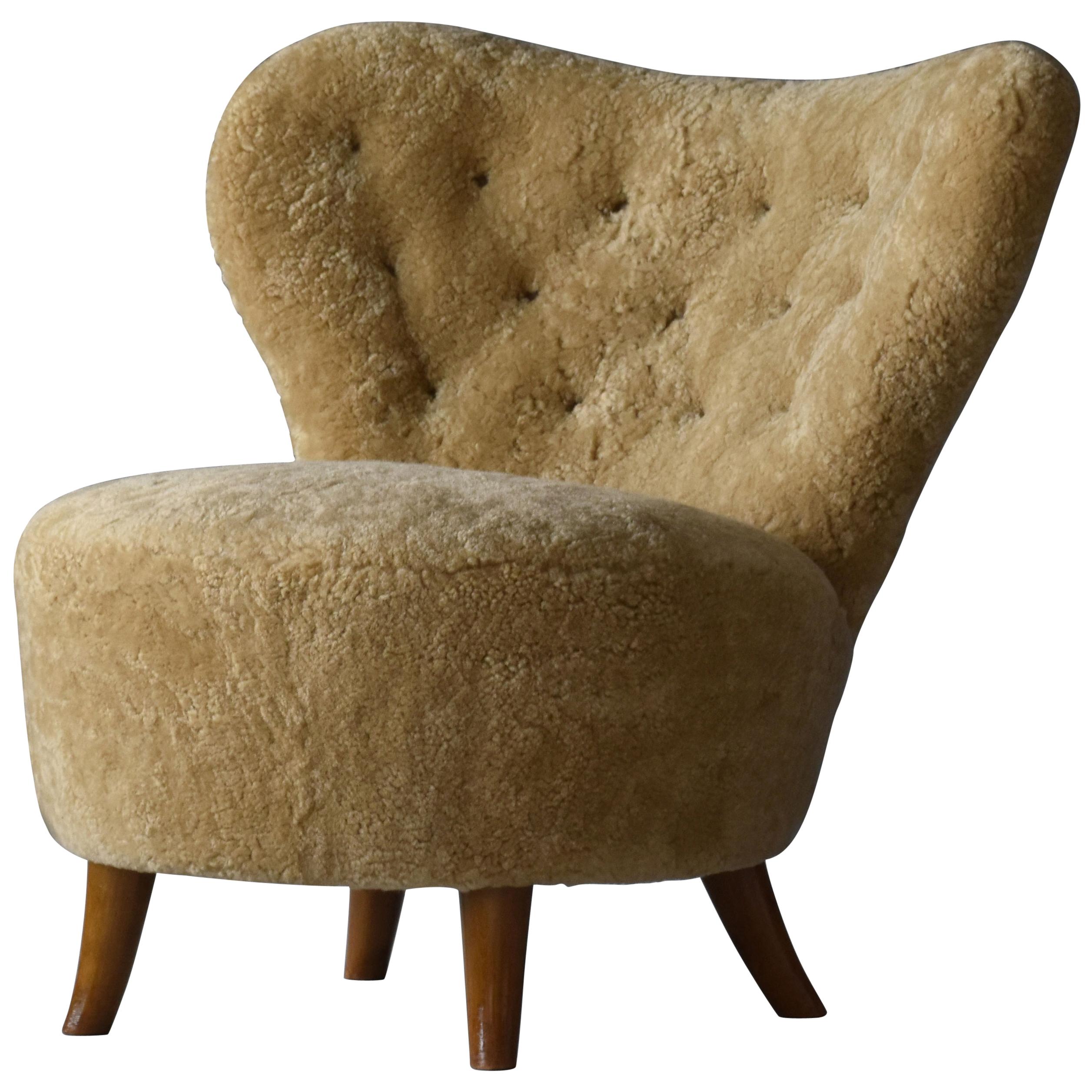 Tor Wolfenstein, Organic Lounge Chair, Sheepskin, Stained Beech, Ditzinger, 1940