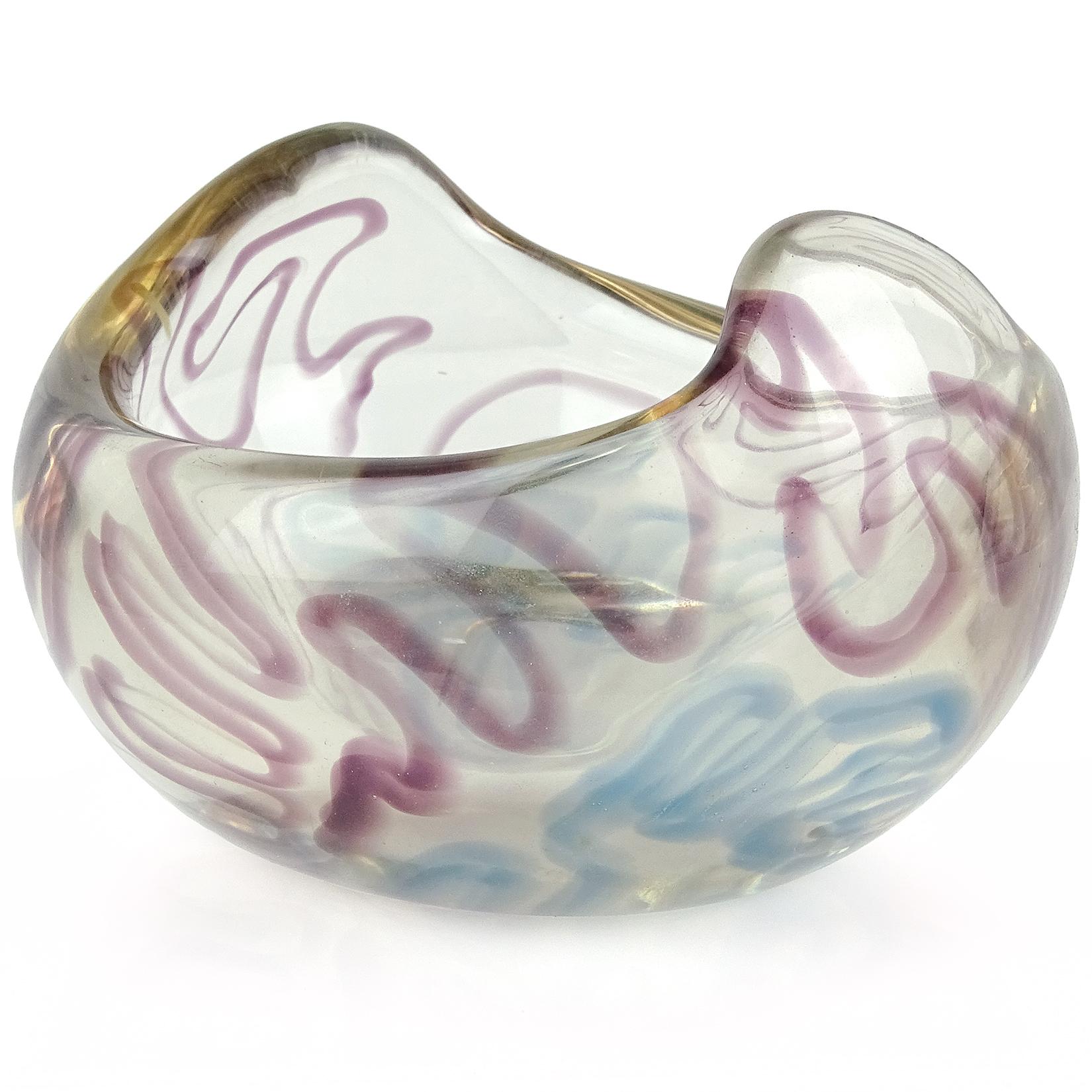 Mid-Century Modern Tora Pors Kalmar Glasbruk Sweden Purple Blue Swirls Myrica Art Glass Bowl