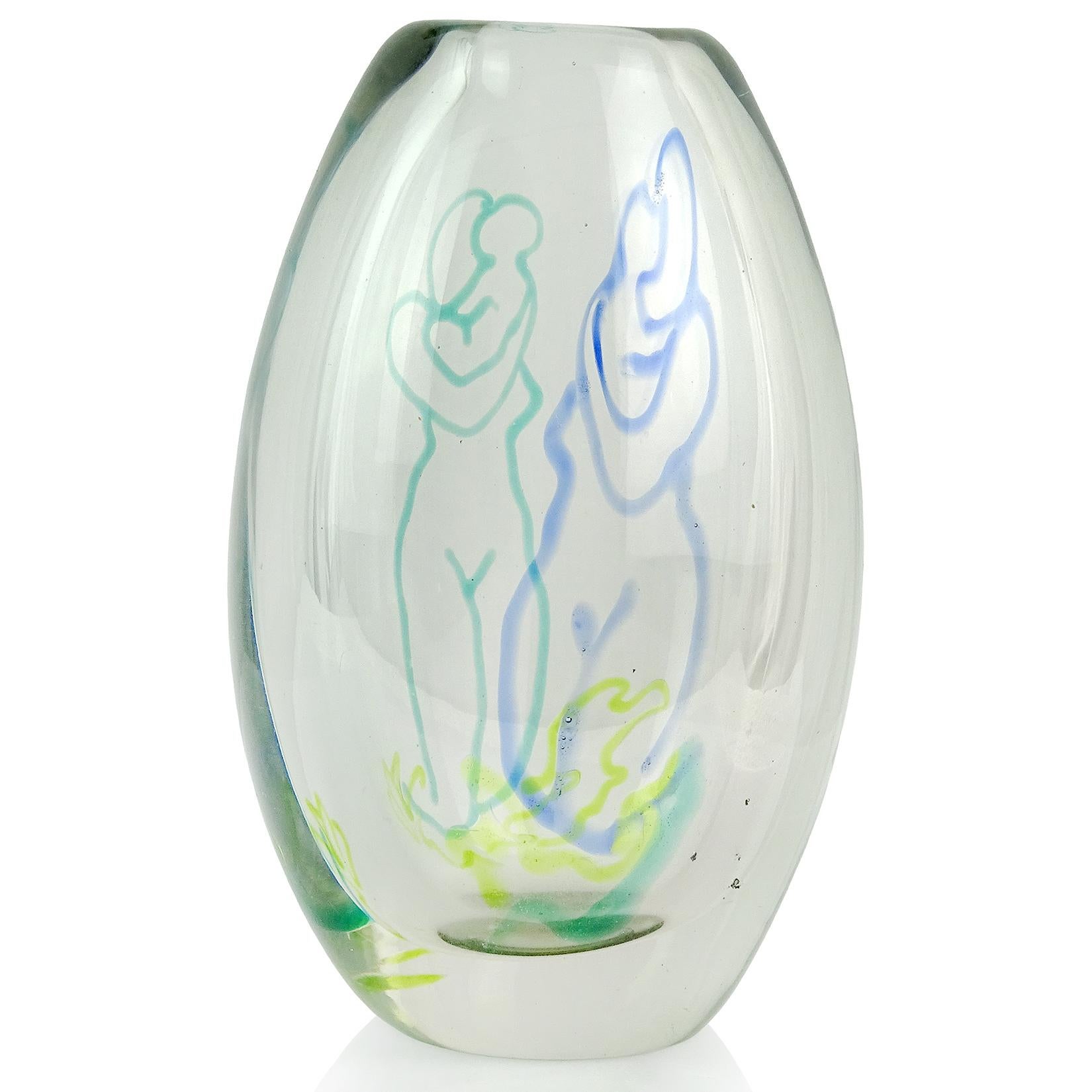 Beautiful and rare Tora Pors hand blown teal green, blue and yellow Swedish art glass mother and child flower vase. Created in the Myrica technique, invented by Tora Pors, a Danish designer who worked for Kalmar Glasbruk (Swedish) from 1947-1954.