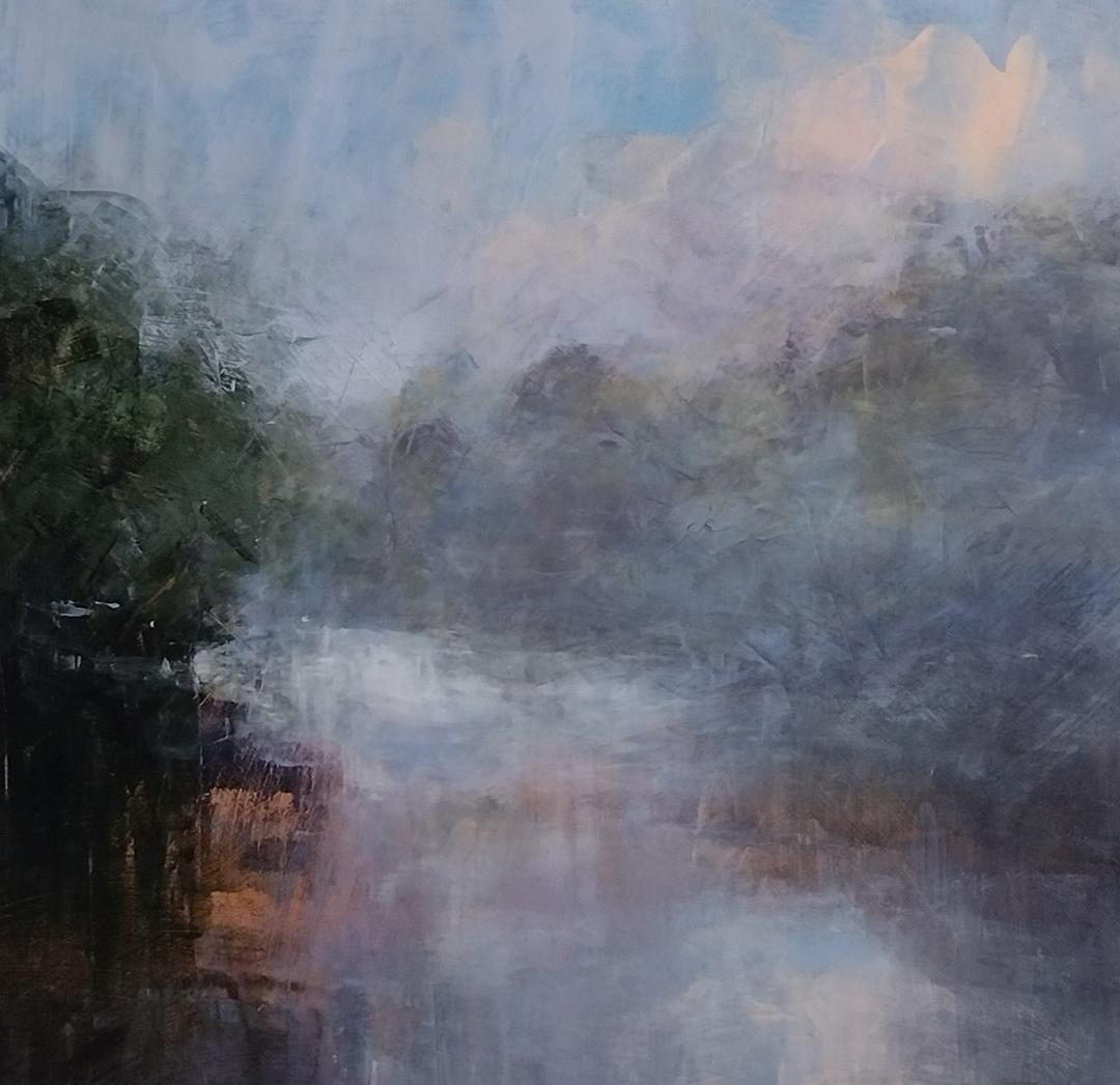 Torabi Landscape Painting - Blurred Vision I - Shimmering Impressionist water scene in soft blues and grays