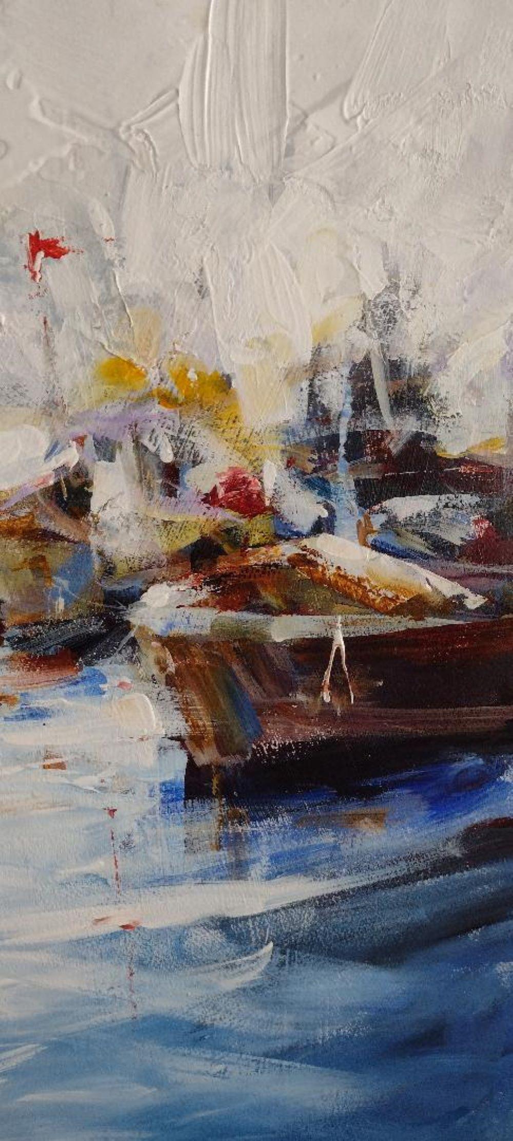 Cozy Days - Contemporary expressionist boats in harbor-glowing sunlight on water - Painting by Torabi