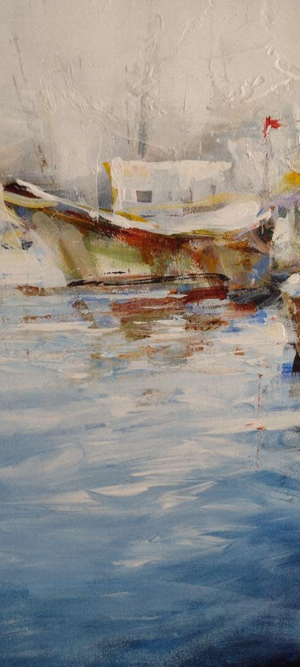 Cozy Days - Contemporary expressionist boats in harbor-glowing sunlight on water - Gray Landscape Painting by Torabi