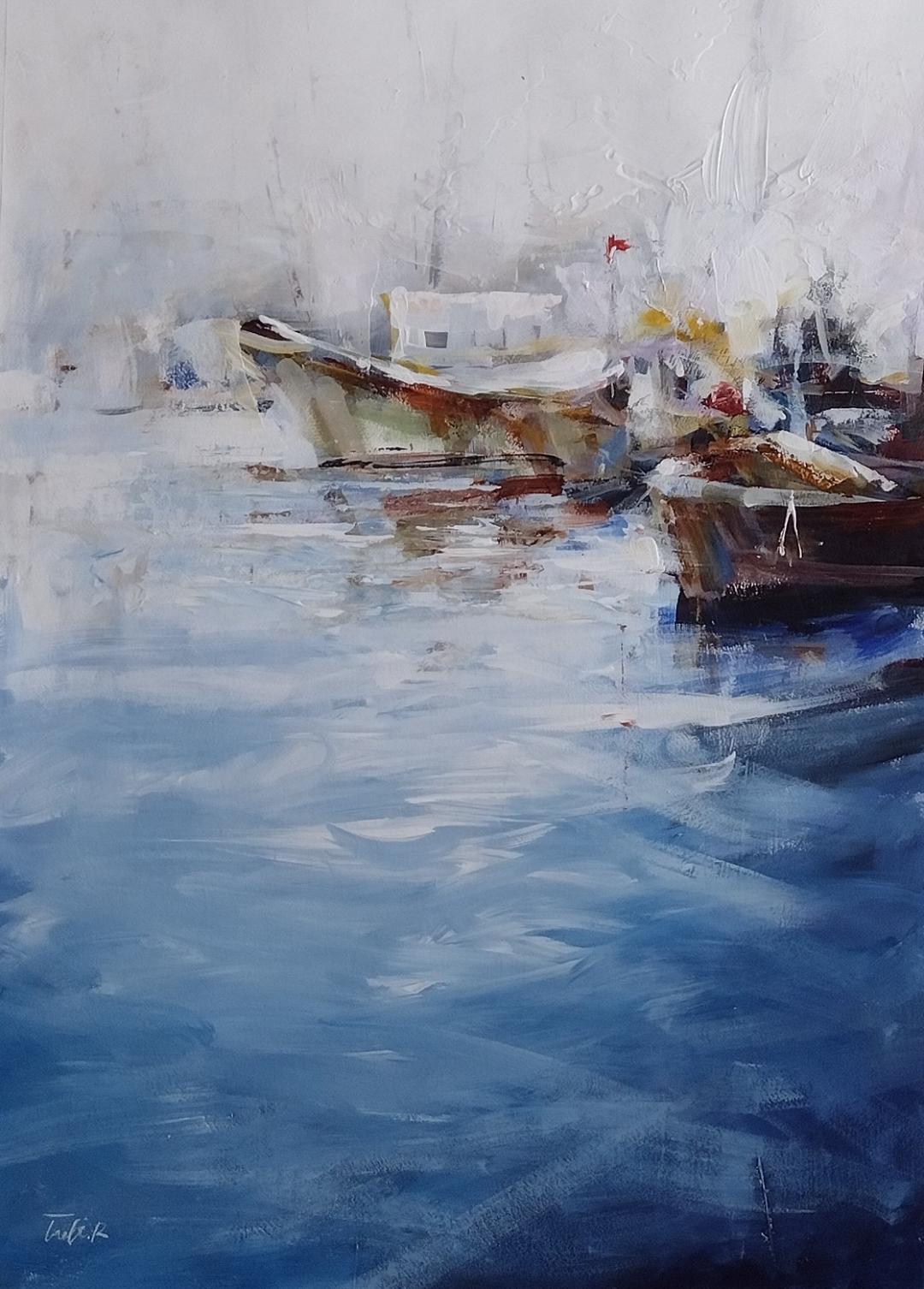 Torabi Landscape Painting - Cozy Days - Contemporary expressionist boats in harbor-glowing sunlight on water