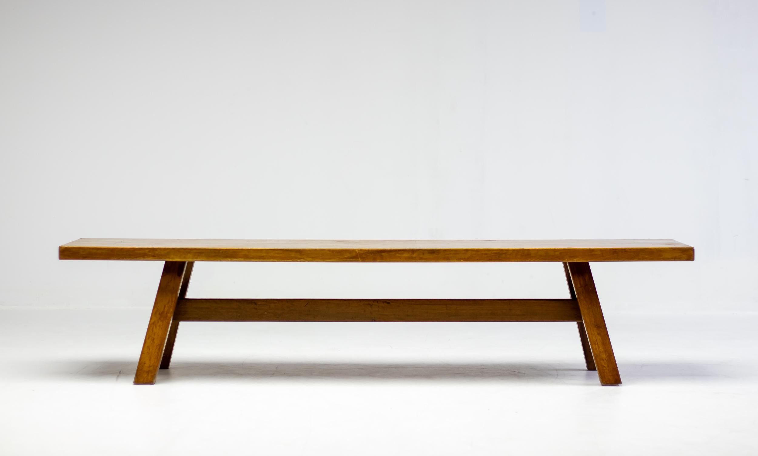 Bench from the Torbecchia series, designed by brutalist architect Giovanni Michelucci for Poltronova, 1964. 
Solid walnut structure with beautiful edge detail similar to Charlotte Perriand tables. 
This architectural piece will enlighten your