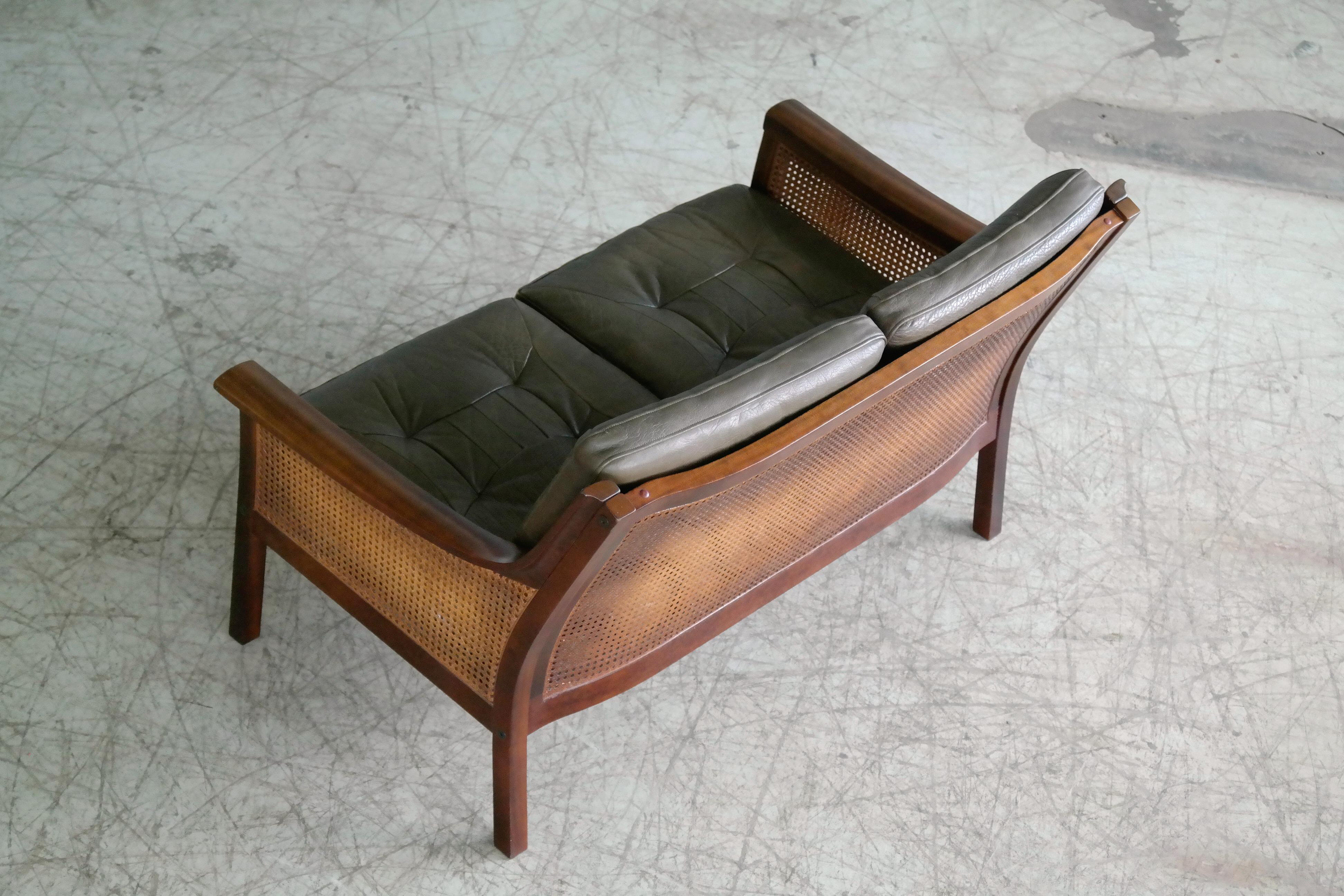 Torbjørn Afdal Settee in Olive Colored Leather and Woven Cane for Bruksbo, 1960s 4