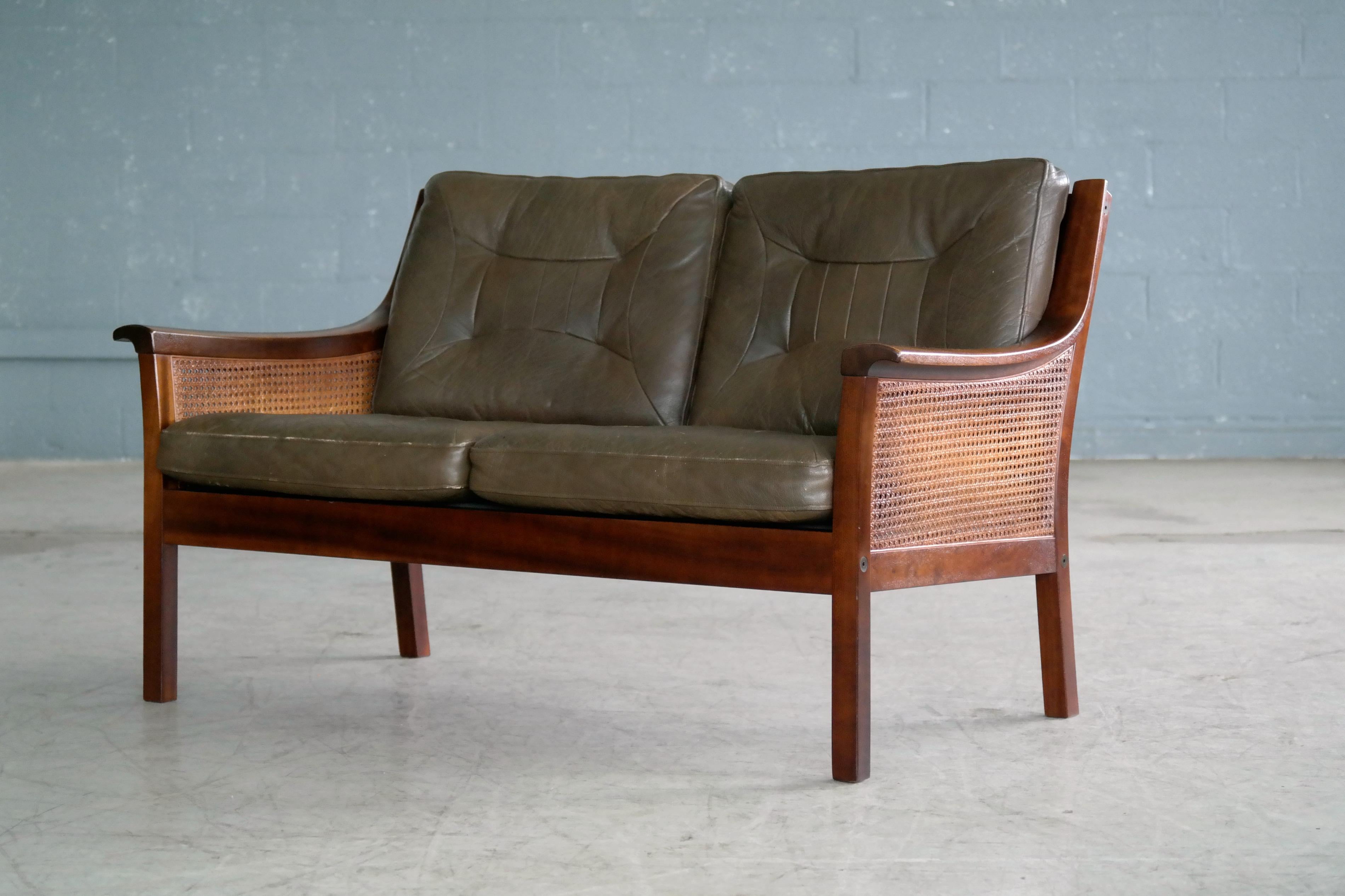 Torbjørn Afdal Settee in Olive Colored Leather and Woven Cane for Bruksbo, 1960s 6