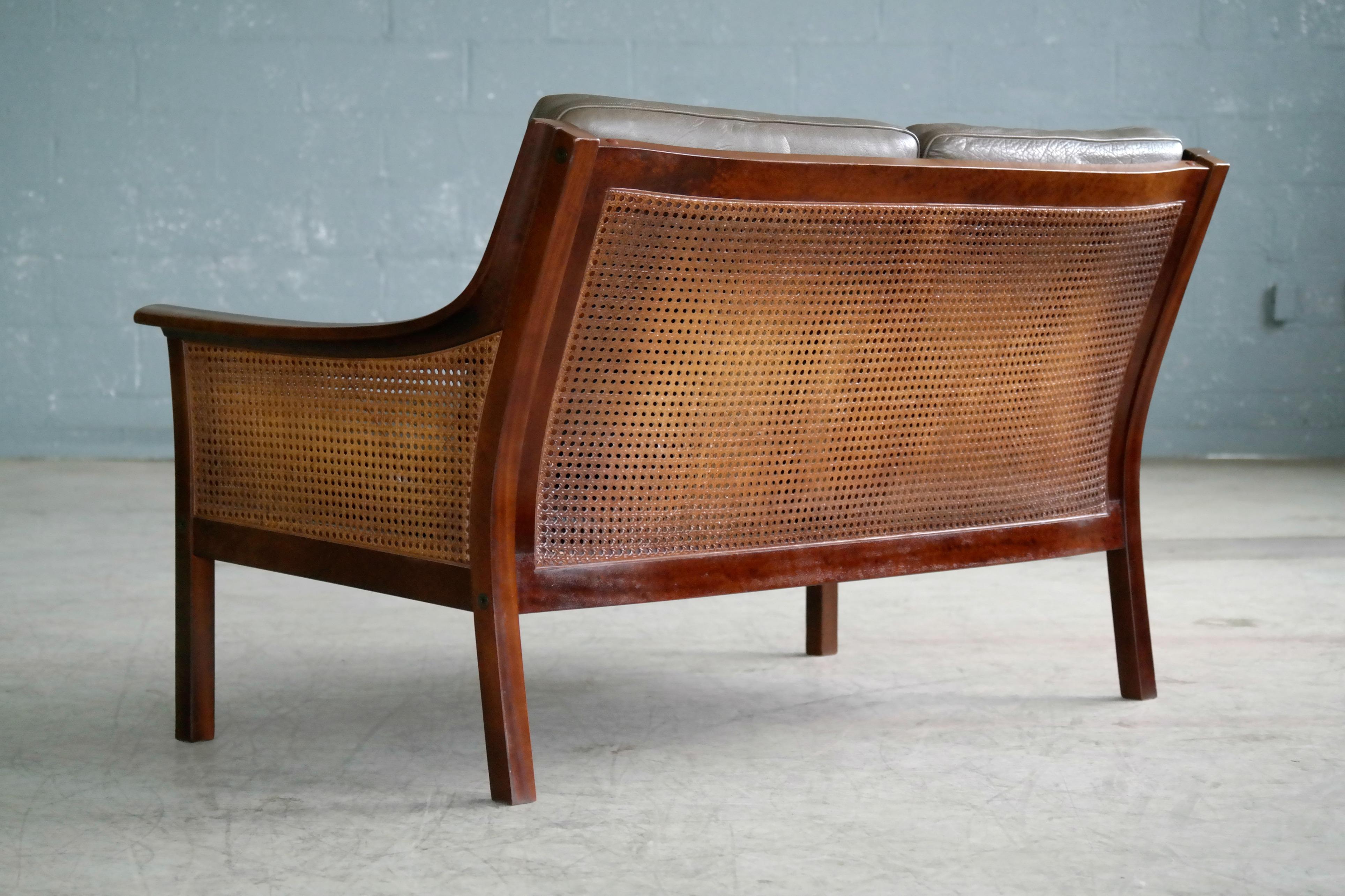 Torbjørn Afdal Settee in Olive Colored Leather and Woven Cane for Bruksbo, 1960s 7