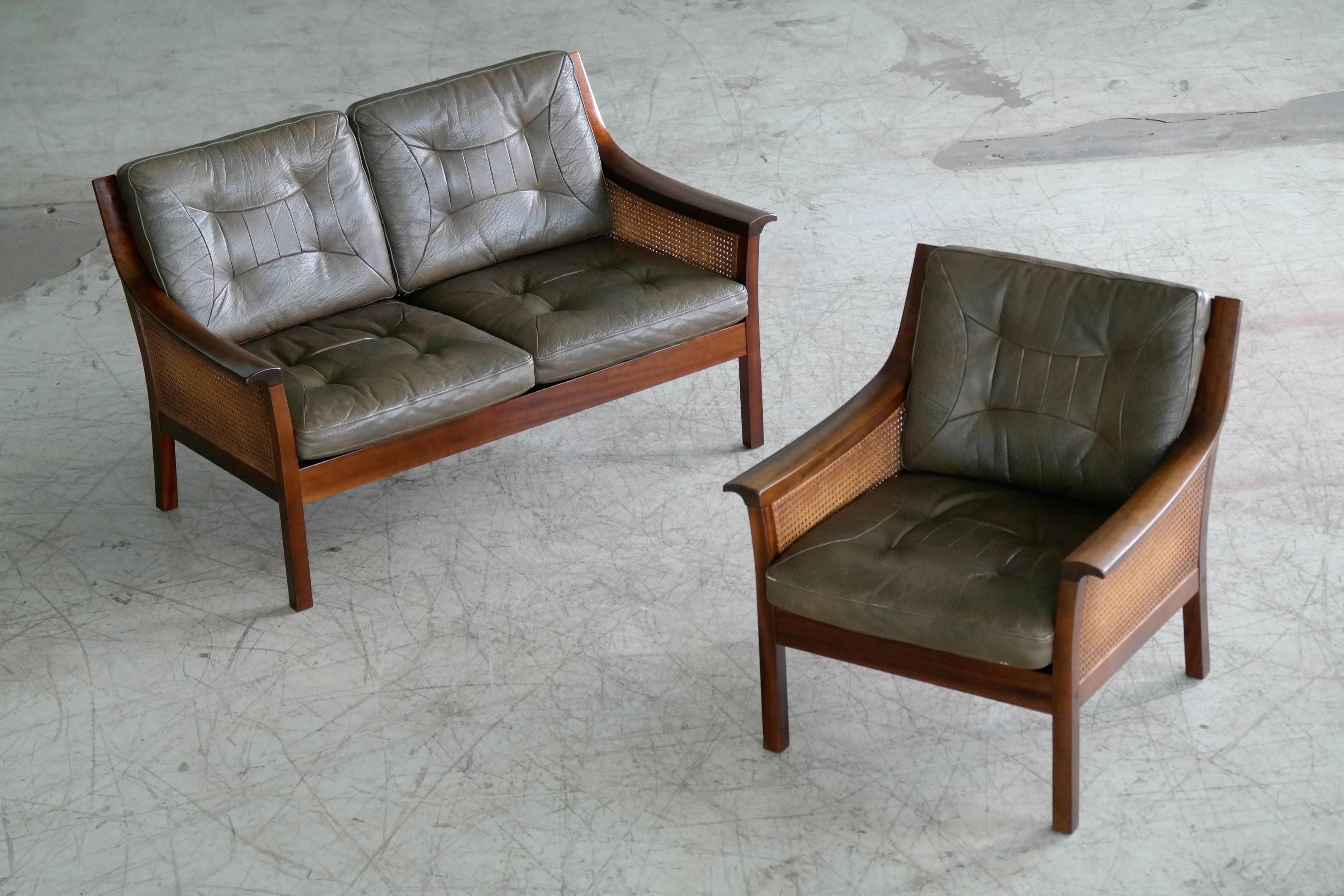 Torbjørn Afdal Settee in Olive Colored Leather and Woven Cane for Bruksbo, 1960s 8
