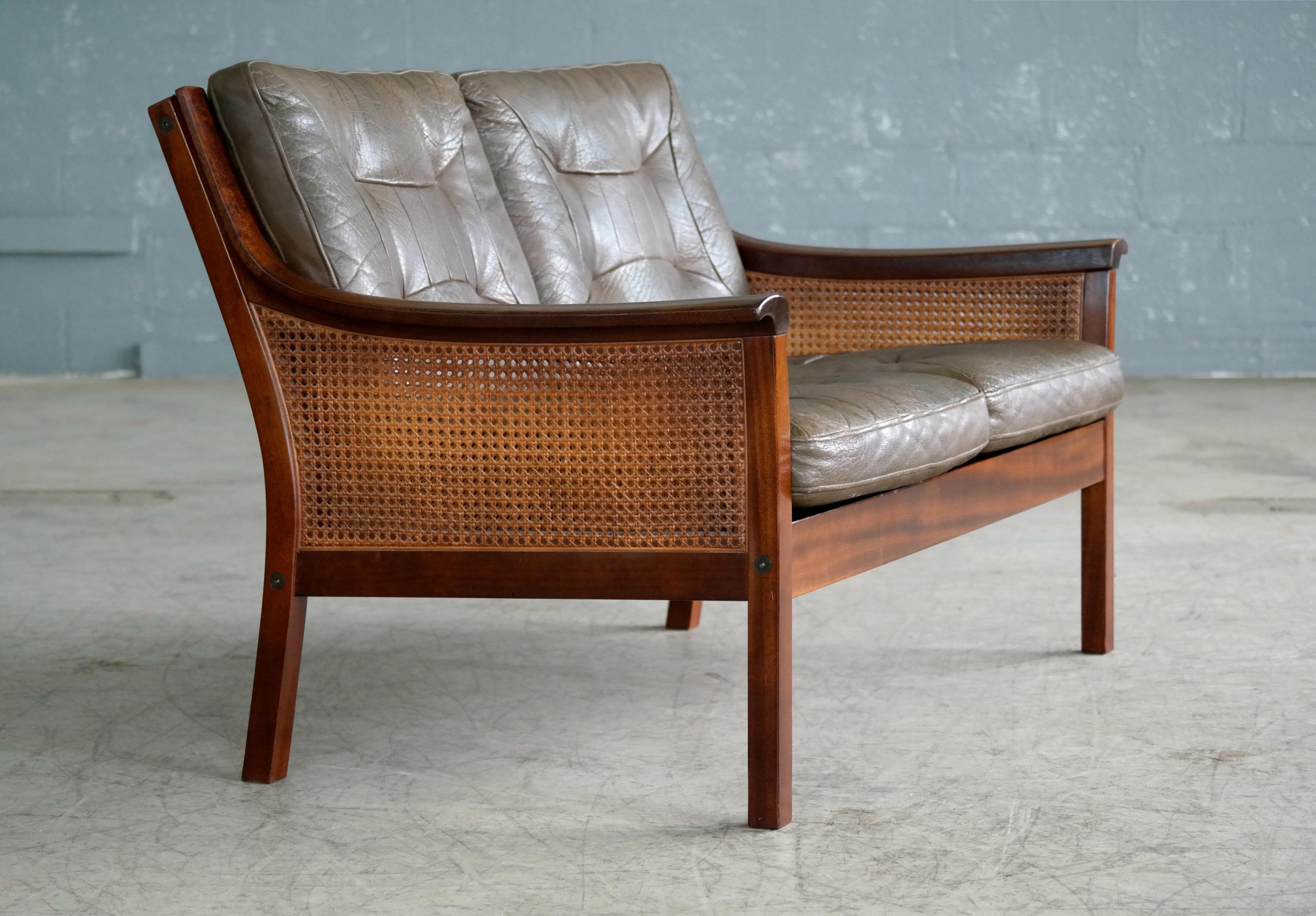 Mid-Century Modern Torbjørn Afdal Settee in Olive Colored Leather and Woven Cane for Bruksbo, 1960s
