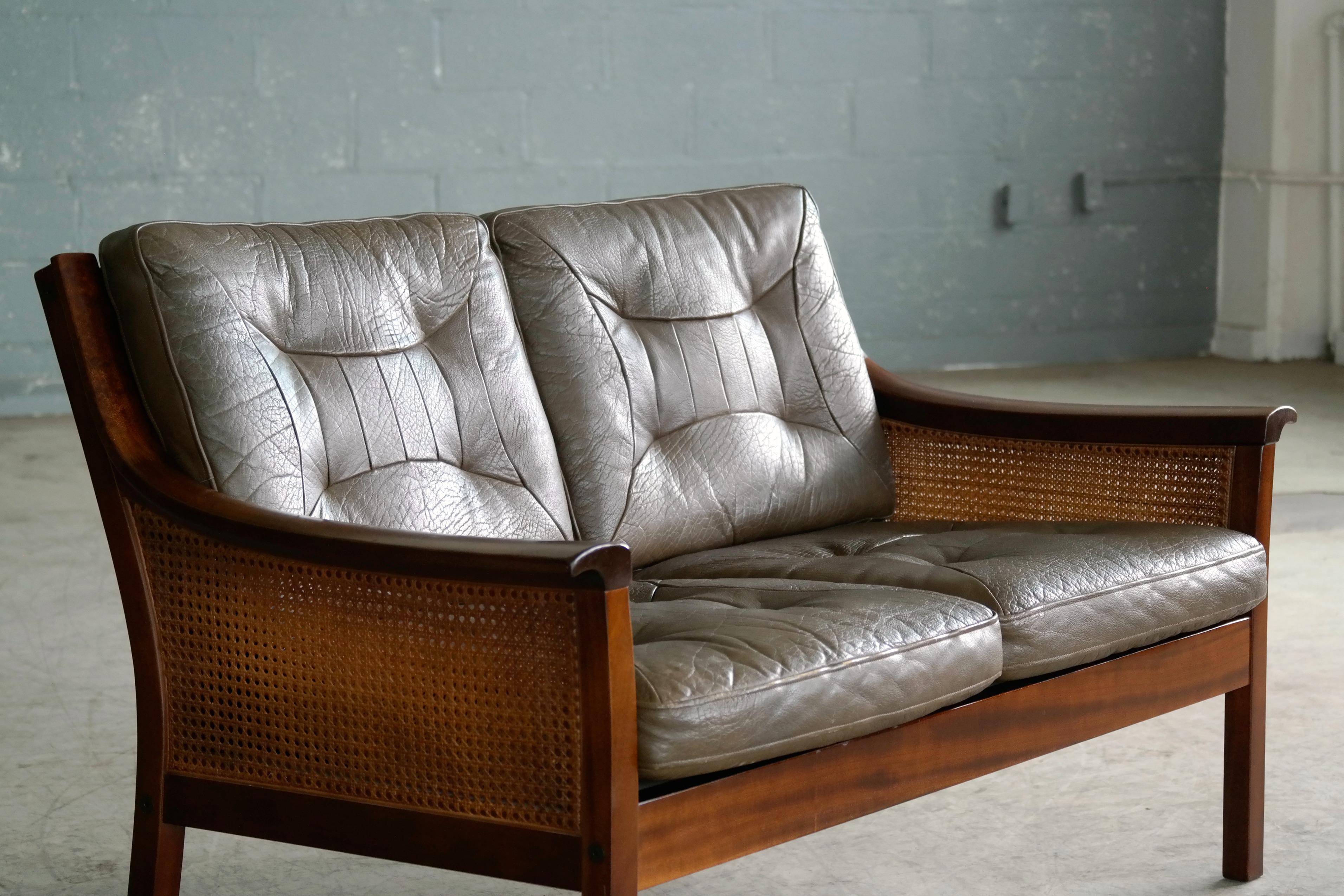 Norwegian Torbjørn Afdal Settee in Olive Colored Leather and Woven Cane for Bruksbo, 1960s