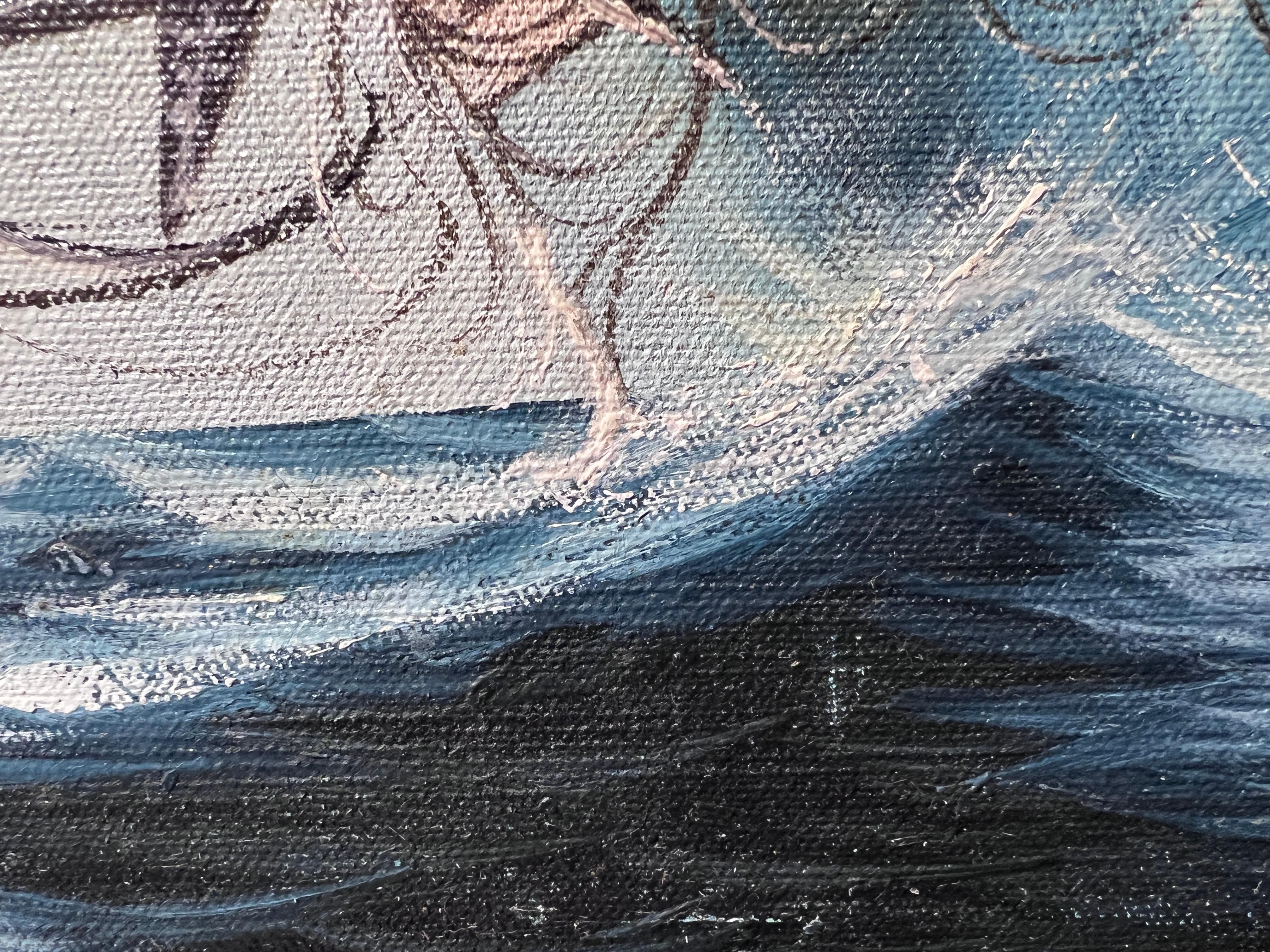 Ölgemälde auf Leinwand, Meereslandschaft, Segelschiffe, T. Orcelli, gerahmt, Vintage im Angebot 5