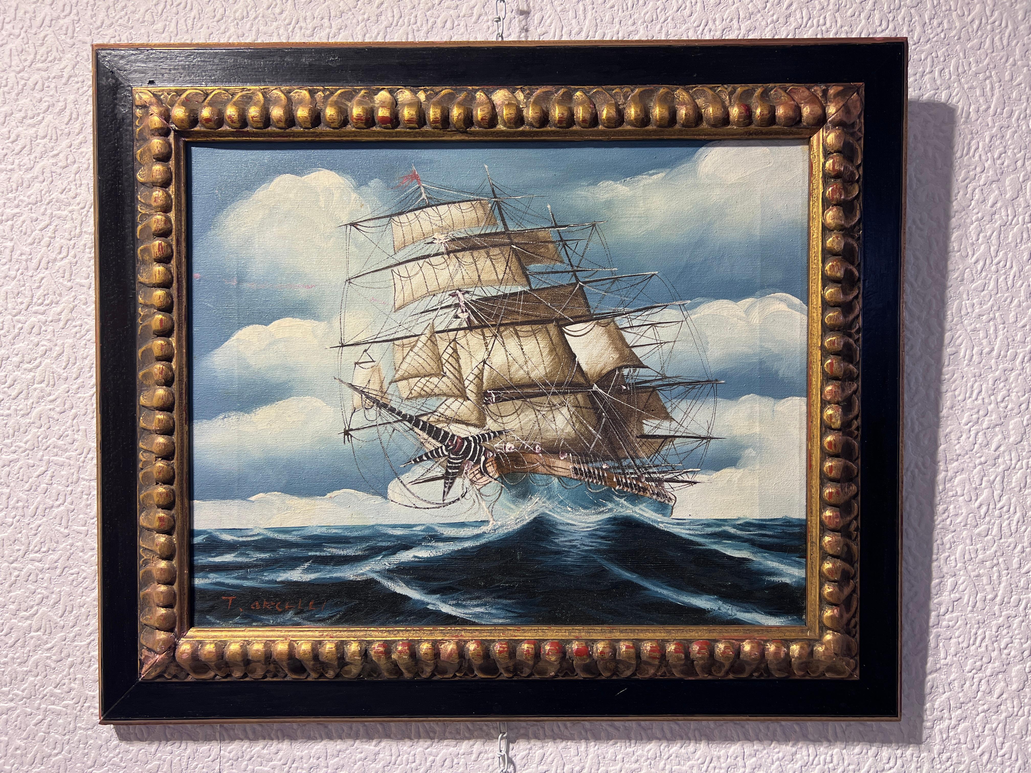Ölgemälde auf Leinwand, Meereslandschaft, Segelschiffe, T. Orcelli, gerahmt, Vintage – Painting von T.Orcelli