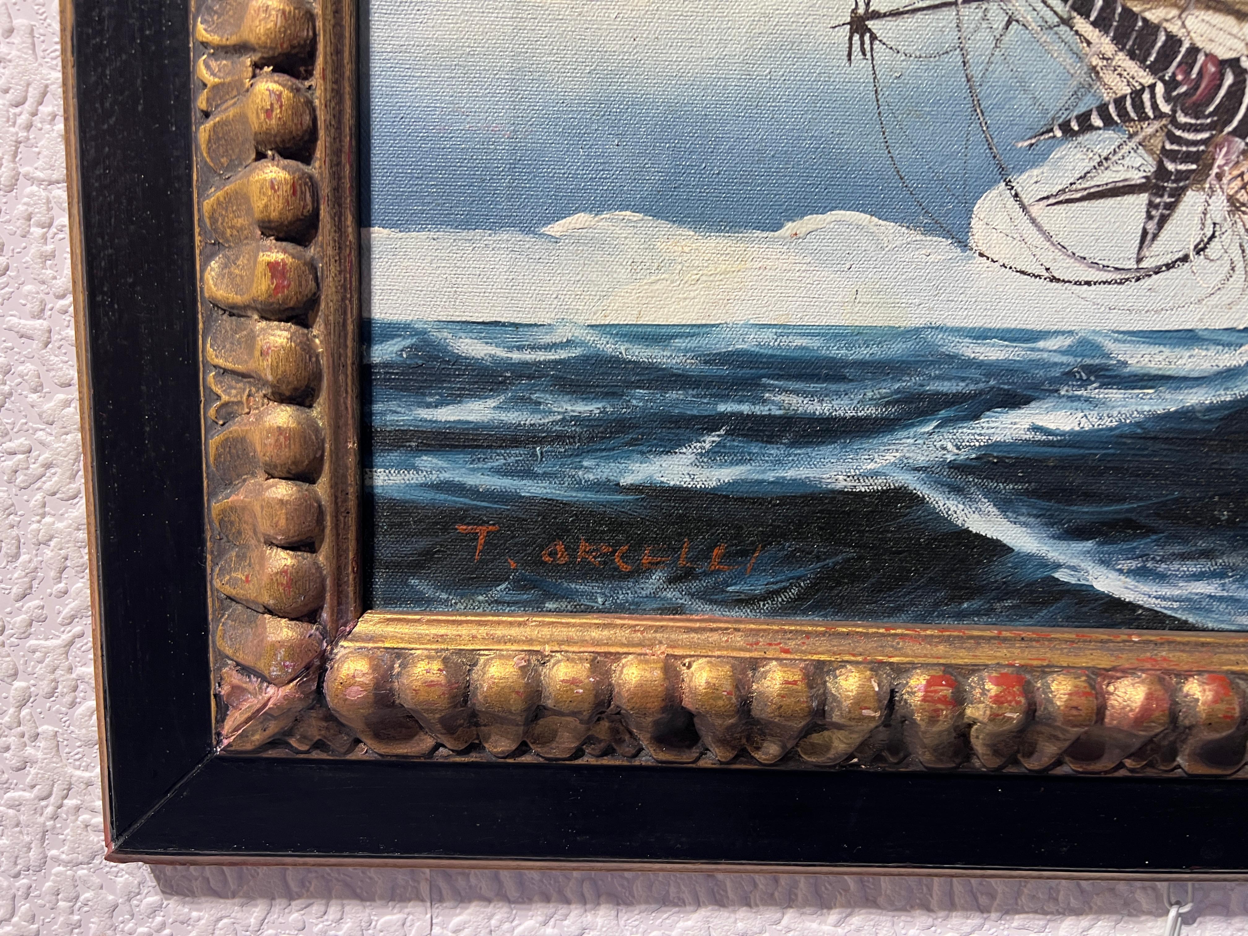 Ölgemälde auf Leinwand, Meereslandschaft, Segelschiffe, T. Orcelli, gerahmt, Vintage (Schwarz), Landscape Painting, von T.Orcelli